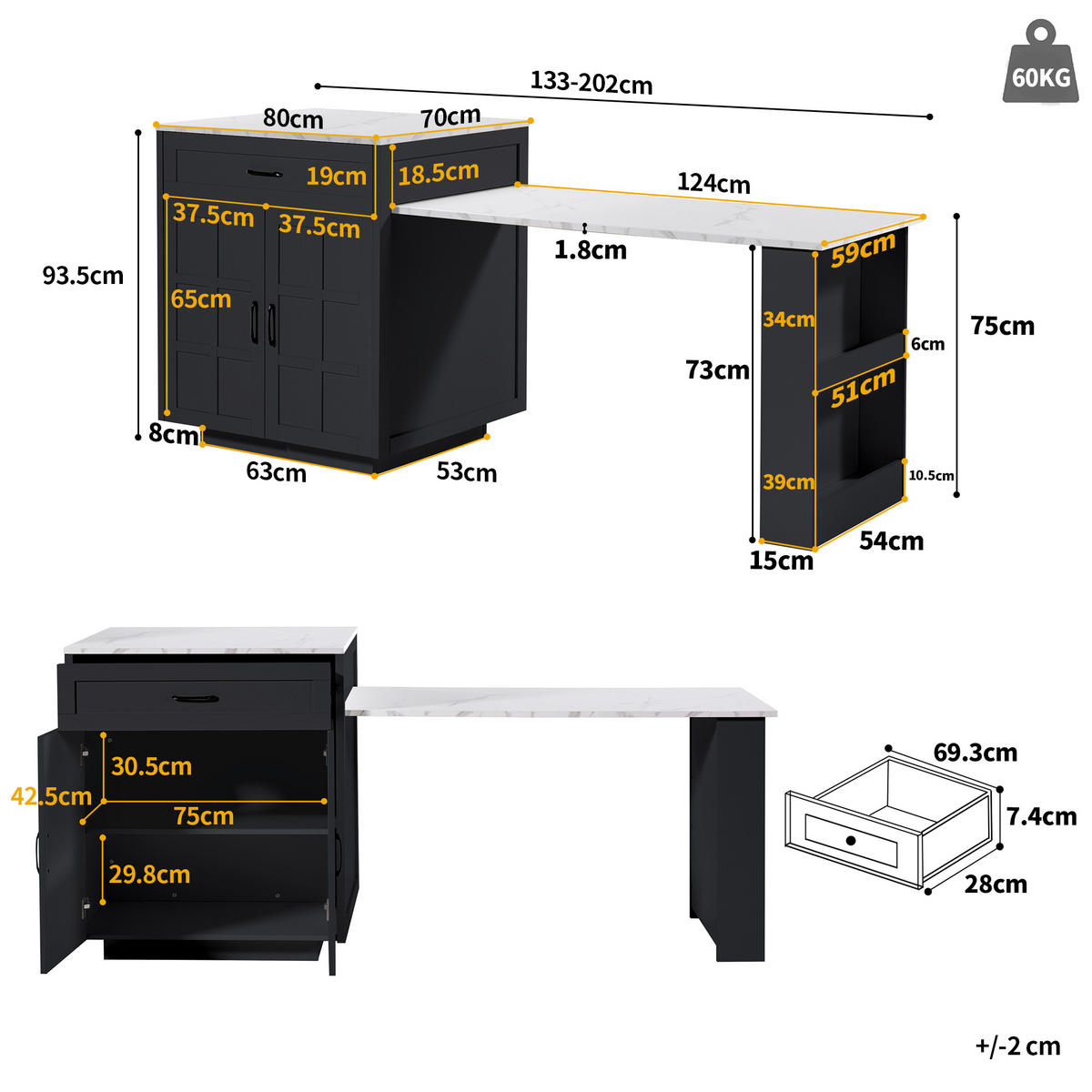 AUSZIEHBARER Bartisch 133-202x70x93,5cm Schwarz mit Schublade & Gewürzregal - Schwarz, Holzwerkstoff (202/93.5/70cm) - Modfu