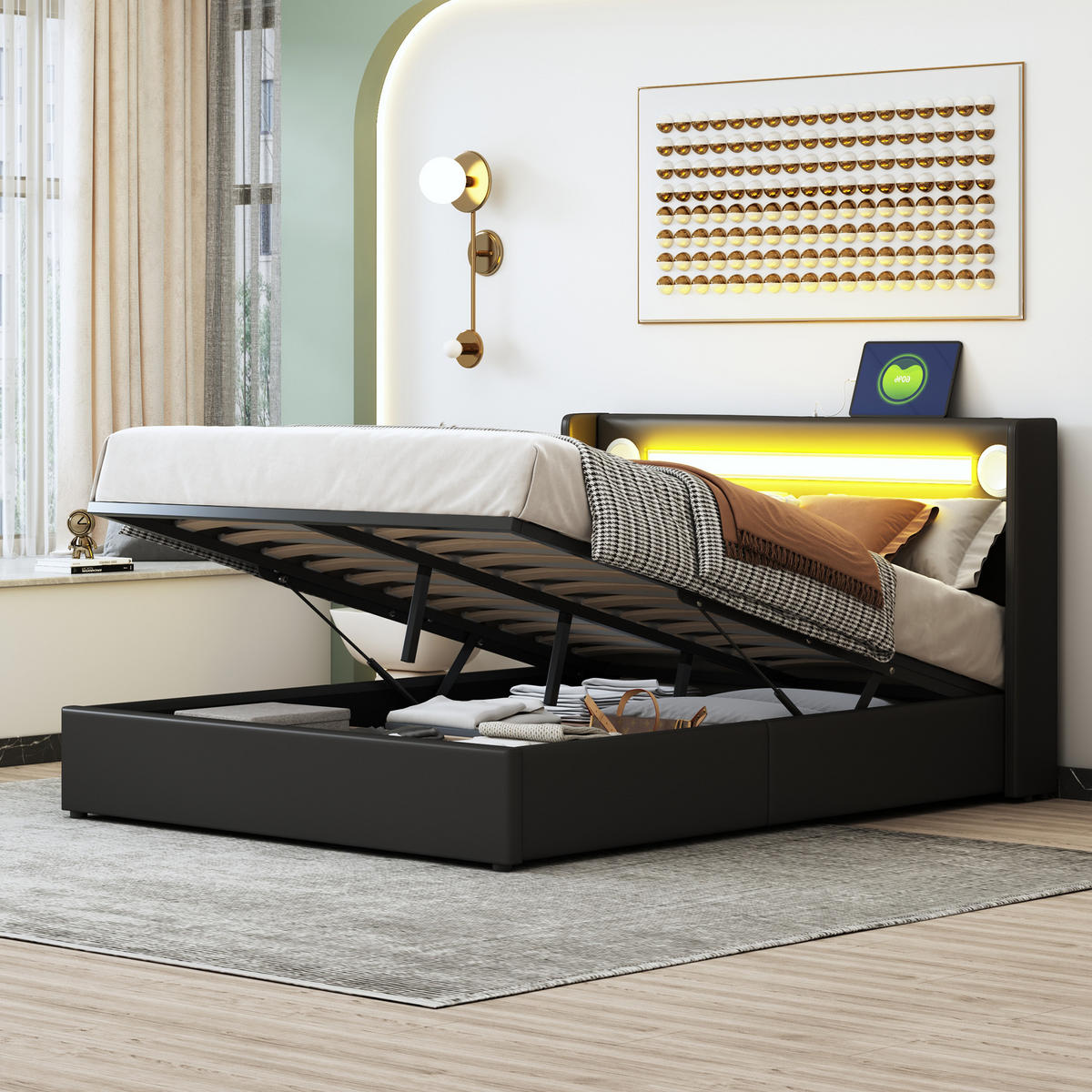 POLSTERBETT 140/200 cm Schwarz mit LED-Beleuchtung und Bluetooth-Player - Schwarz, Kunststoff (140/200cm) - OKWISH