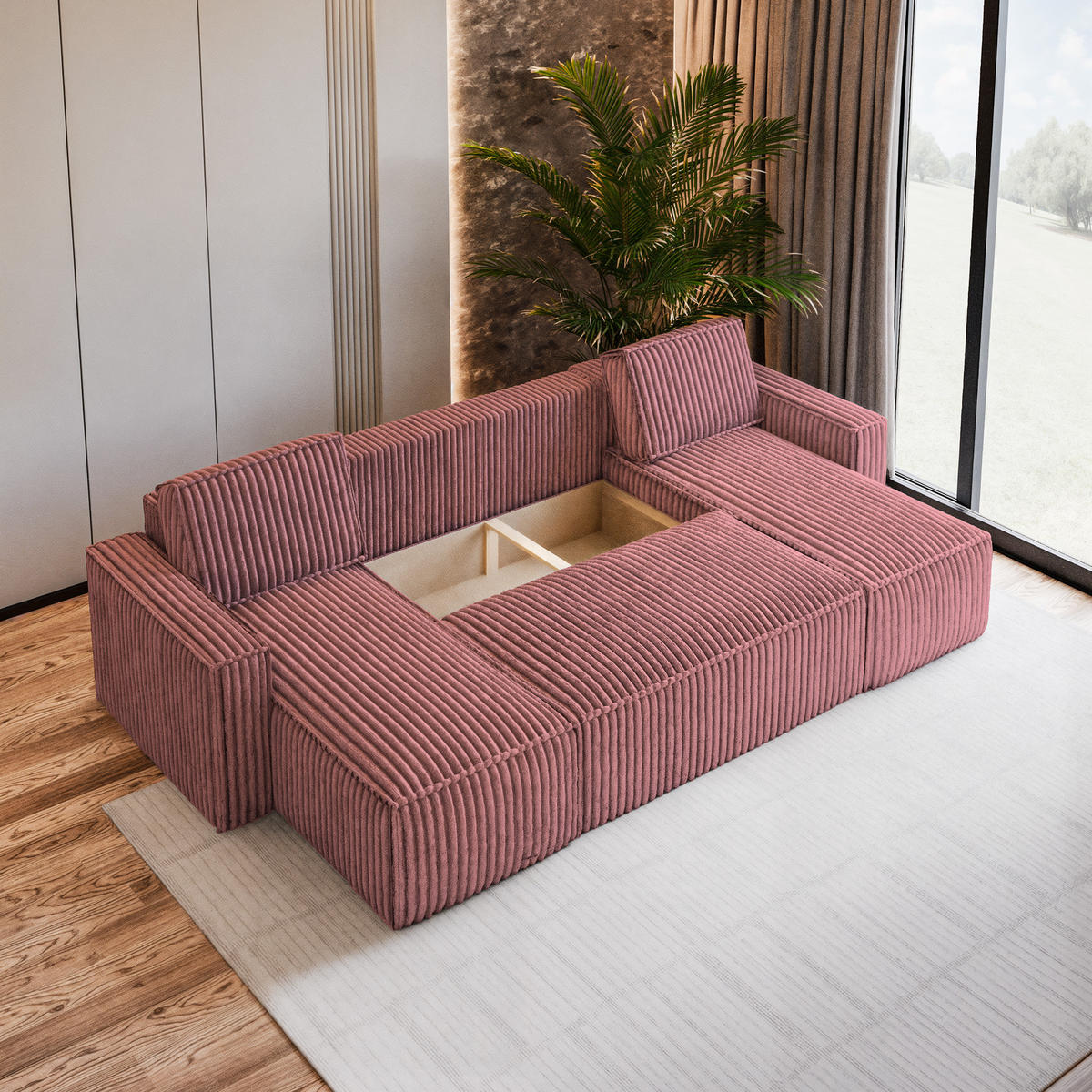 WOHNLANDSCHAFT PESANO T Rosa Kordstoff mit Schlaffunktion - Rosa, Holz (306/85/140cm) - MASSENO