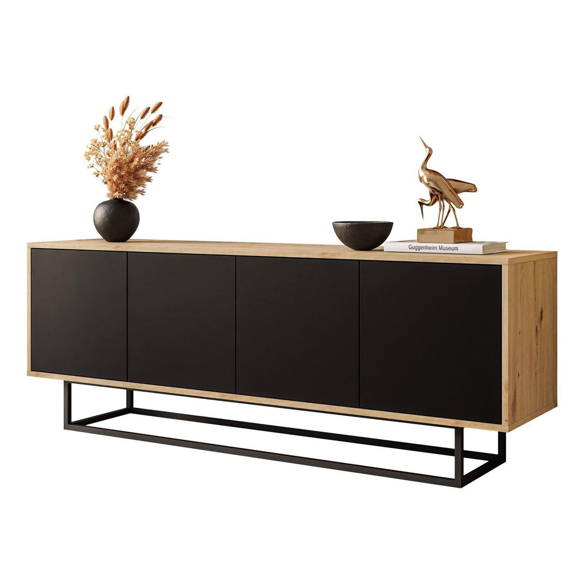 TV-ELEMENT SANAYI II Eiche Artisan/Schwarz auf Metallgestell - Schwarz, Holzwerkstoff (156/56/38cm) - Lookway