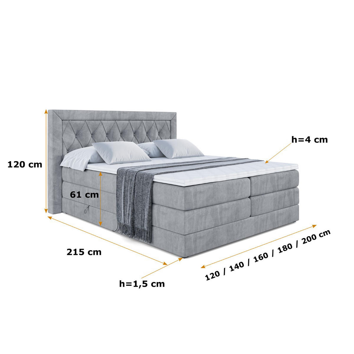 BOXSPRINGBETT NOEL KING - 140 x 200 - H3/H4 - Grau - Grau, Holzwerkstoff (140/200cm) - ALTDECOR