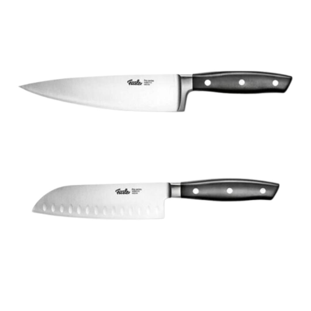 KÜCHENMESSER SET 2-tlg Schwarz, Santokumesser 165 mm, Kochmesser 190 mm, Edelstahl, Schneidemesser, Küchenzubehör, Profi Messer, Klingenstahl - Silberfarben/Schwarz, Metall - Fissler