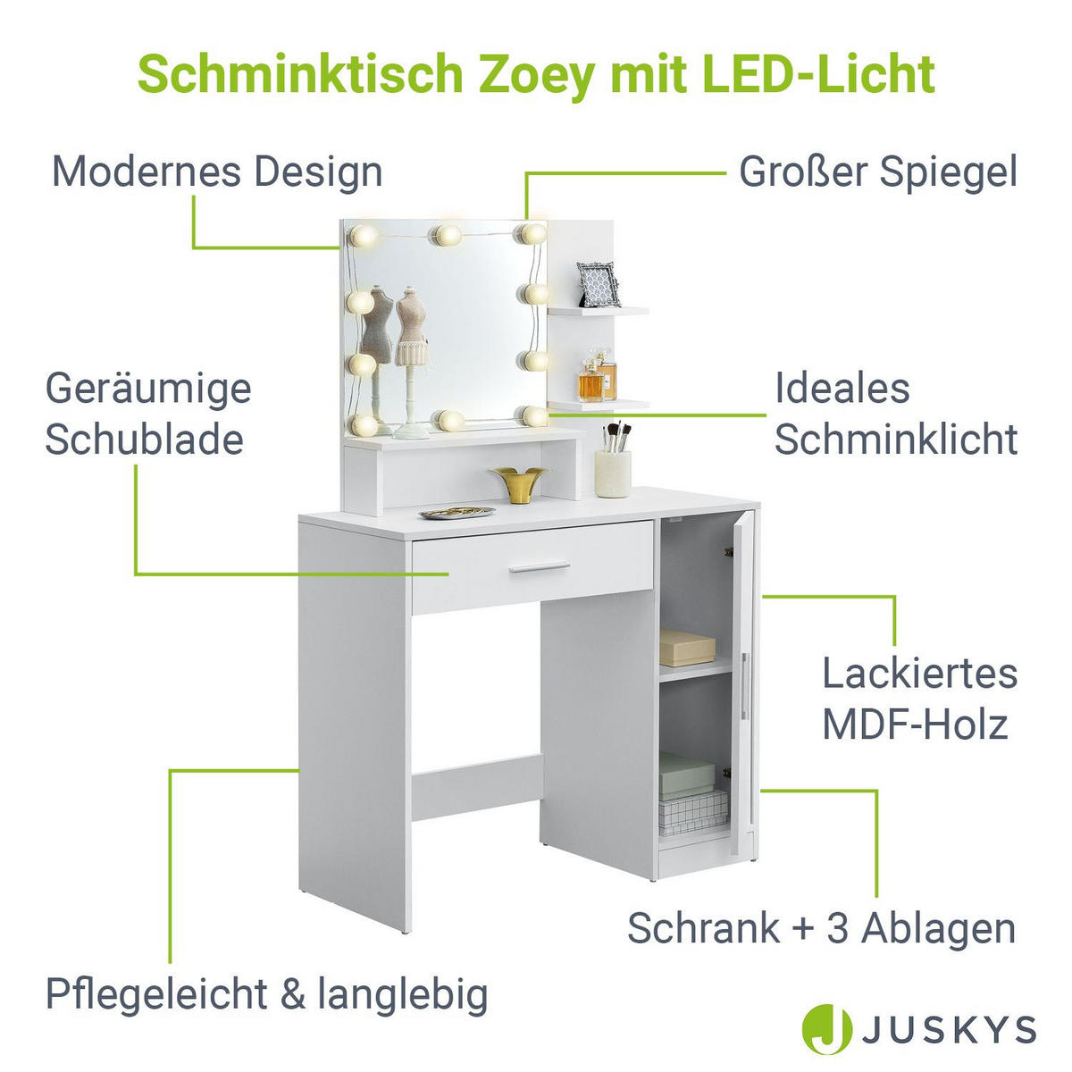 SCHMINKTISCH Zoey mit LED und Schrank - Weiß, Holzwerkstoff (38/137/90cm) - Juskys