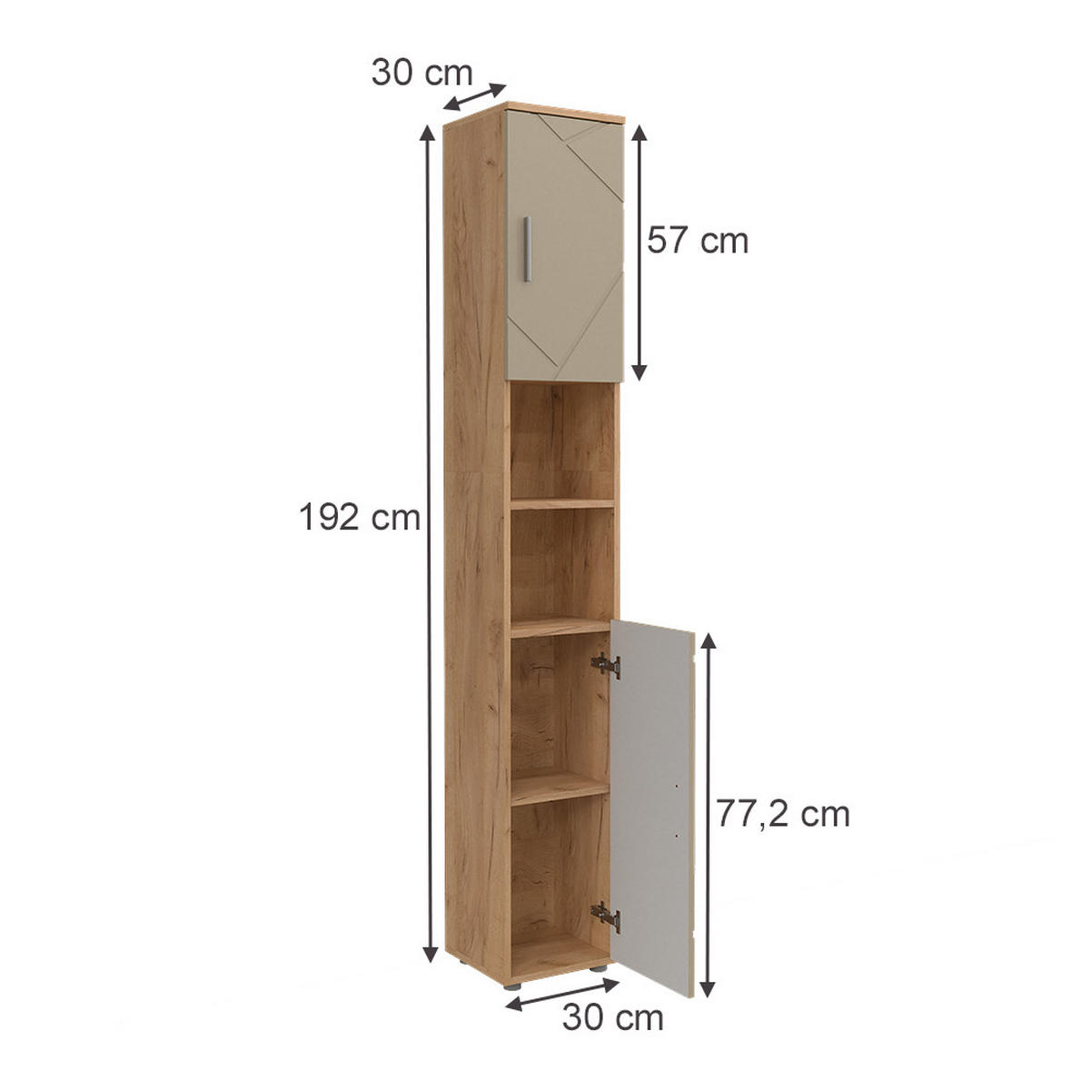 BADSCHRANK Irma Goldkraft Eiche 30 x 192 cm - Honigeiche/Beige, Holzwerkstoff (30/192/30cm) - Vicco