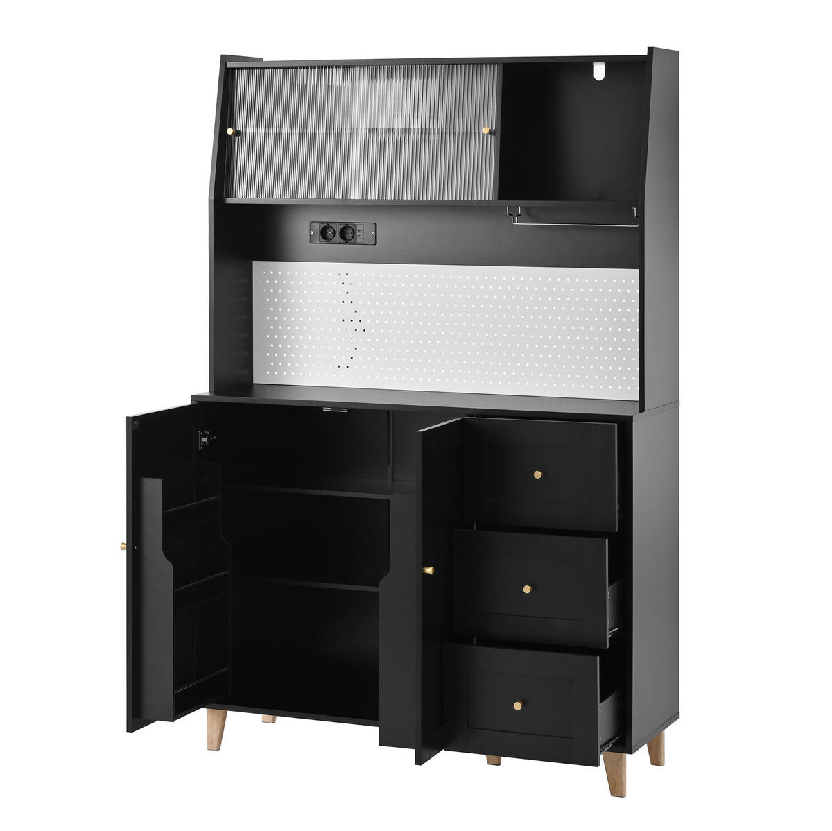 KÜCHENOBERSCHRANK 120/40/184 cm in Schwarz mit Schubladen, Steckdosen und Fluted Glas - Schwarz, Holzwerkstoff (120/184/40cm) - BEAOK