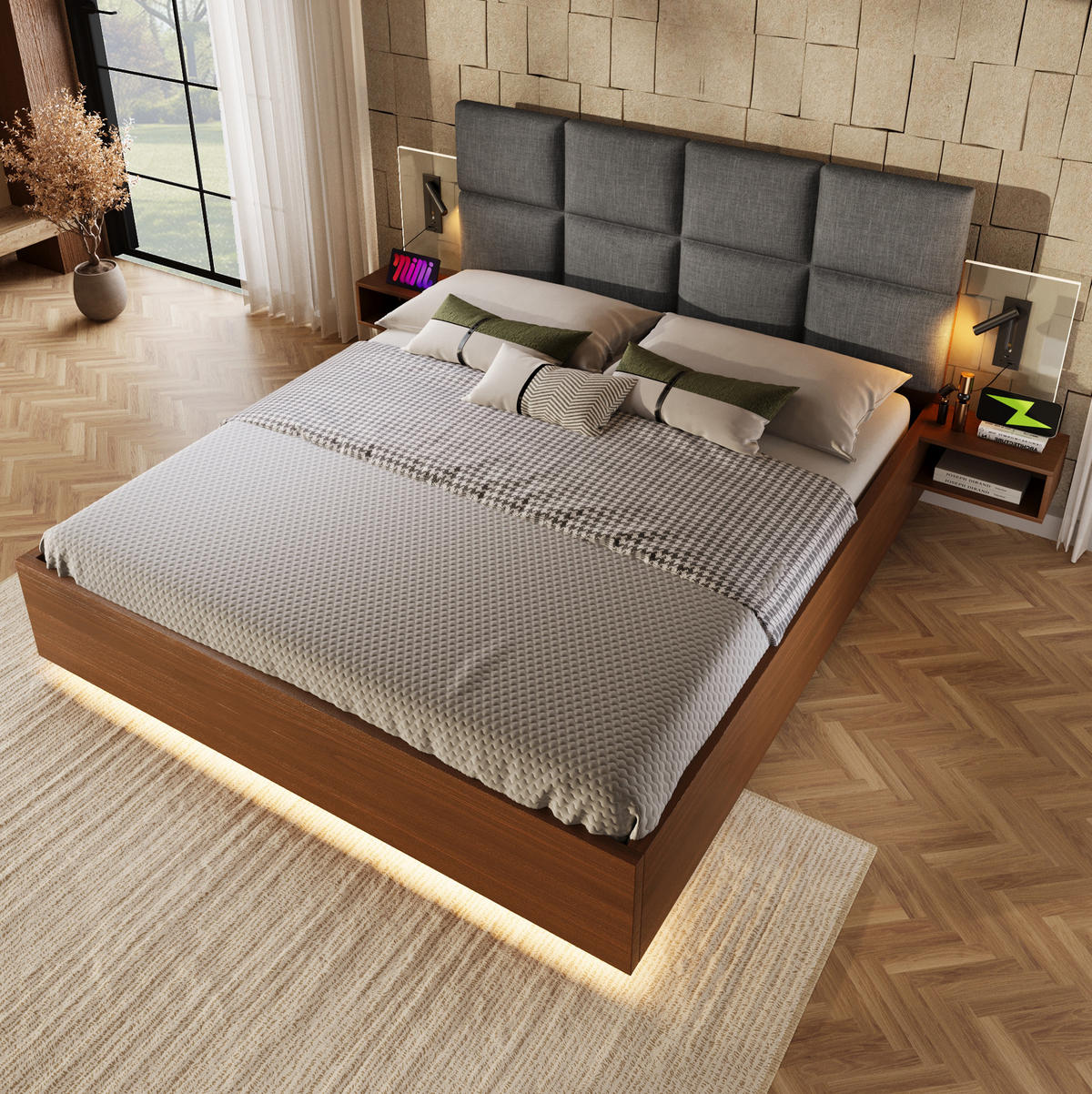 POLSTERBETT 180x200 cm Walnuss/Grau mit Leinen-Kopfteil, LED, USB-Anschlüssen und Nachttischen - Grau, Textil (180/200cm) - Modfu