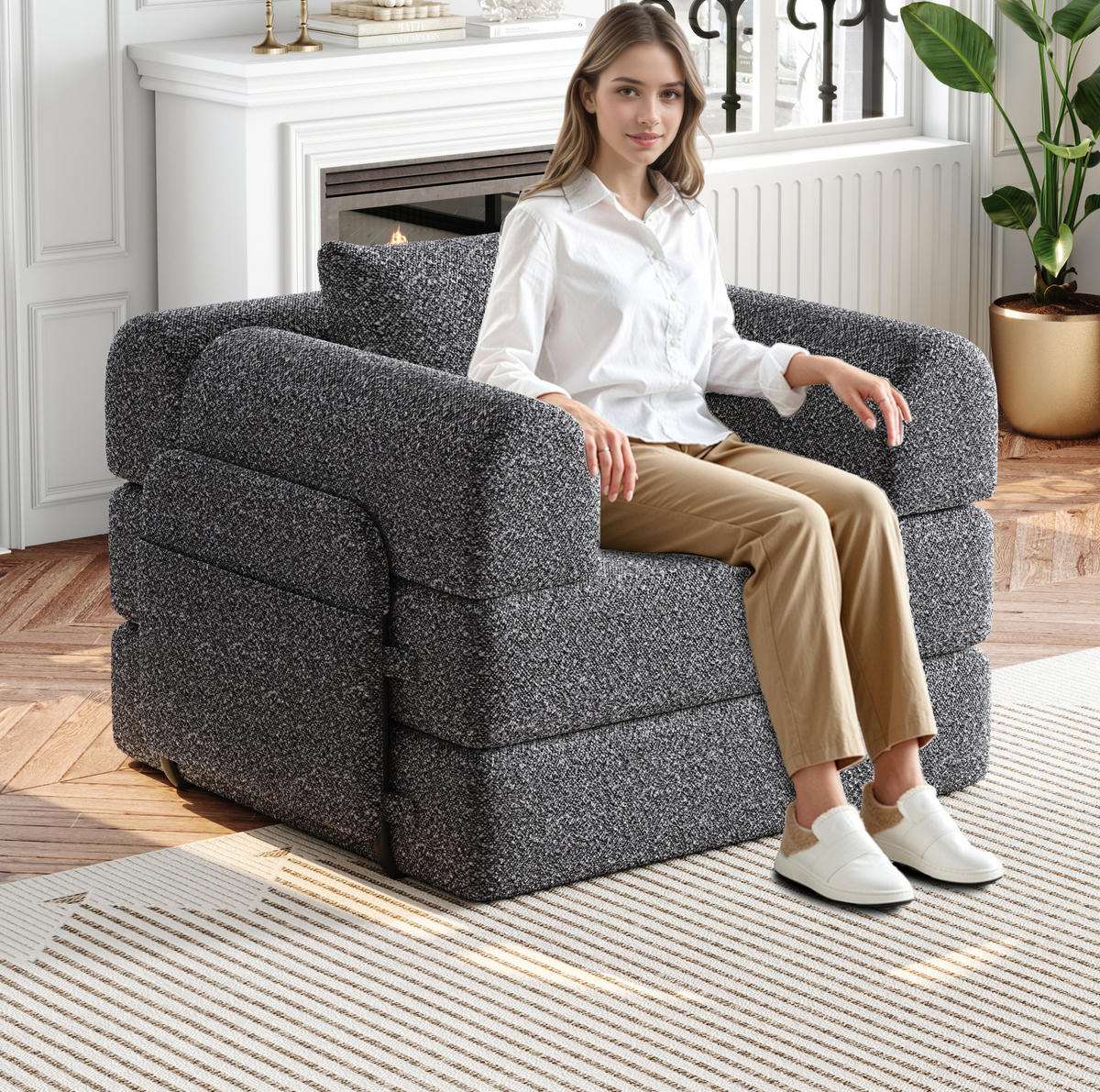 SCHLAFSOFA 2-in-1 mit Armlehnen-Ablagefach und Stahlrahmen grau Chenille 200/90/85 cm - Grau, Textil (94/49.5/94cm) - OKWISH