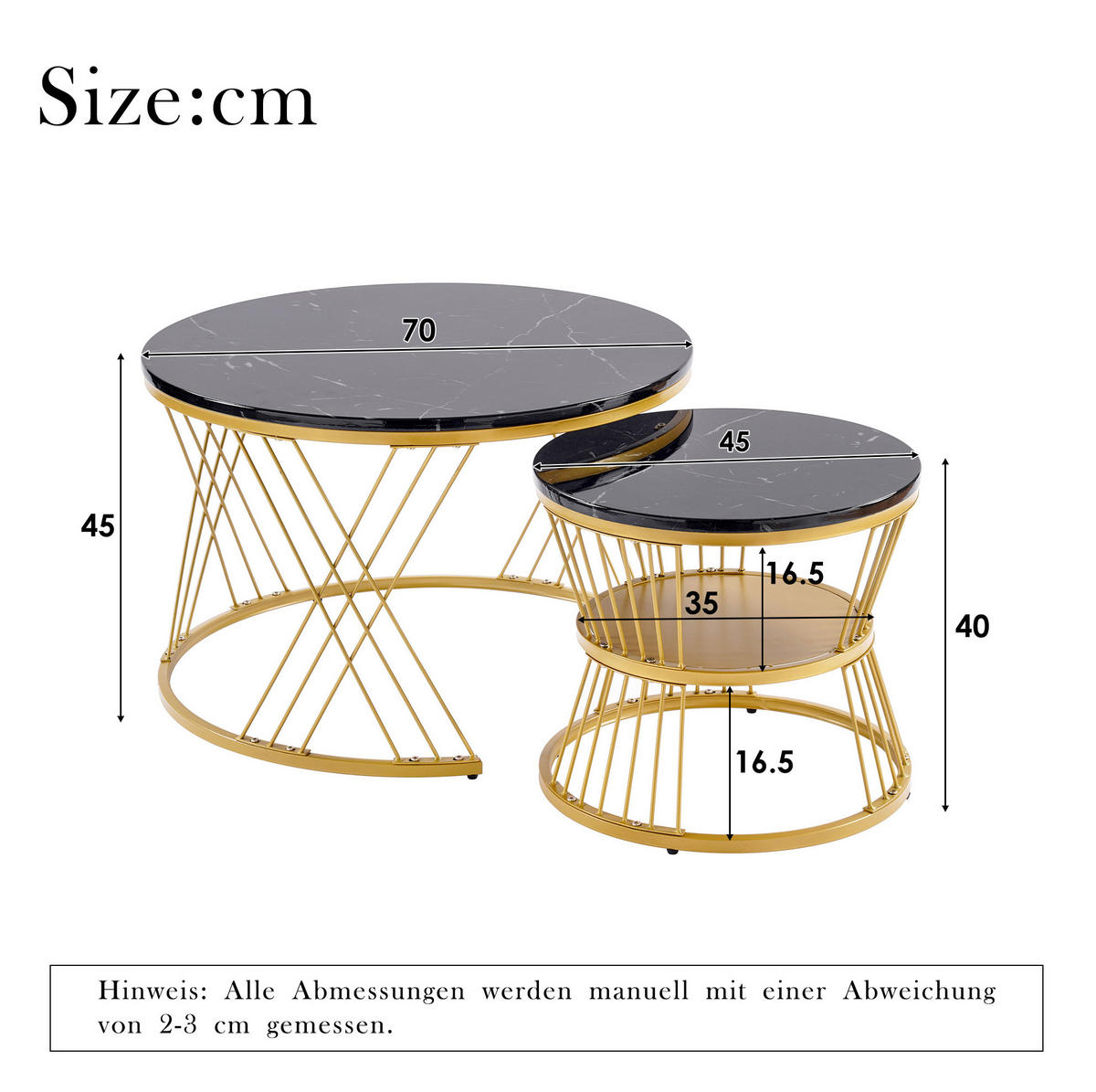 SADA konferenčních stolků z MDF 70x70x47/45x45x40 cm černá se zlatou kovovou konstrukcí, zasouvací - černá, kompozitní dřevo (70/70/45cm) - Modfu