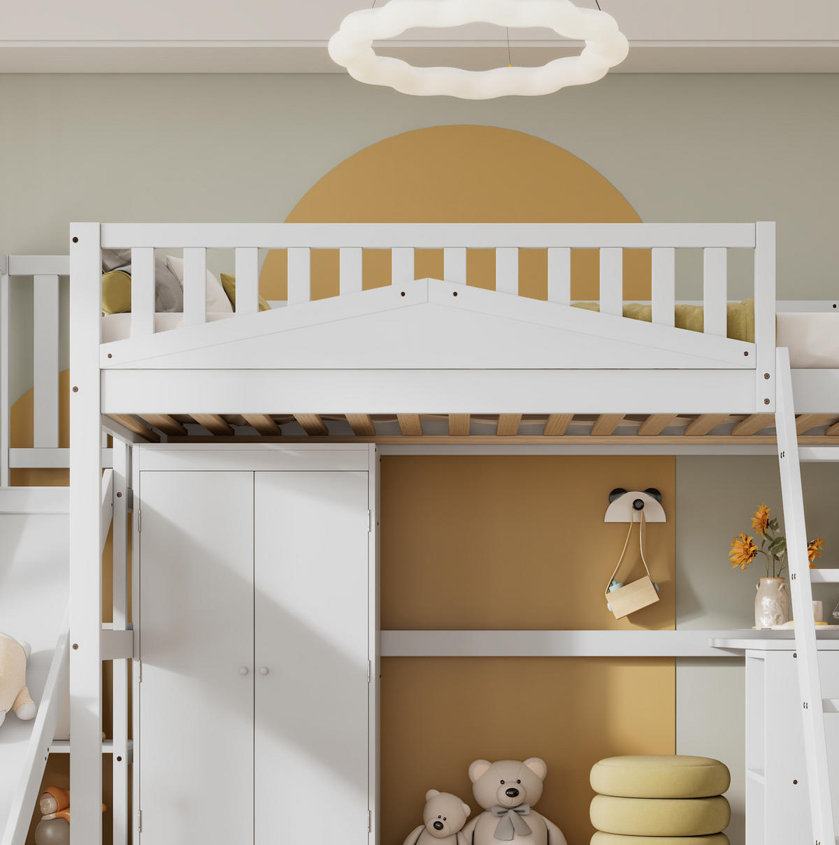 ETAGENBETT 90/200 cm Weiß mit Fallschutzgitter und Tisch aus Kiefer+MDF - Weiß, Holzwerkstoff (90/200cm) - OKWISH