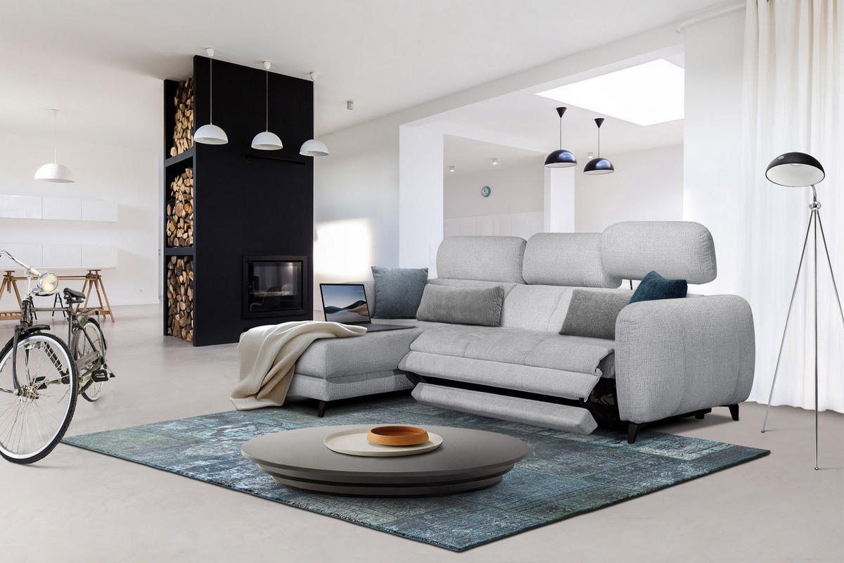 ECKSOFA SVEN 3-Sitzer, 1 Relax XL, verstellbare Kopfstützen, hellgrau - Hellgrau/Schwarz, Holzwerkstoff/Textil (256/163cm) - Courtois Laville