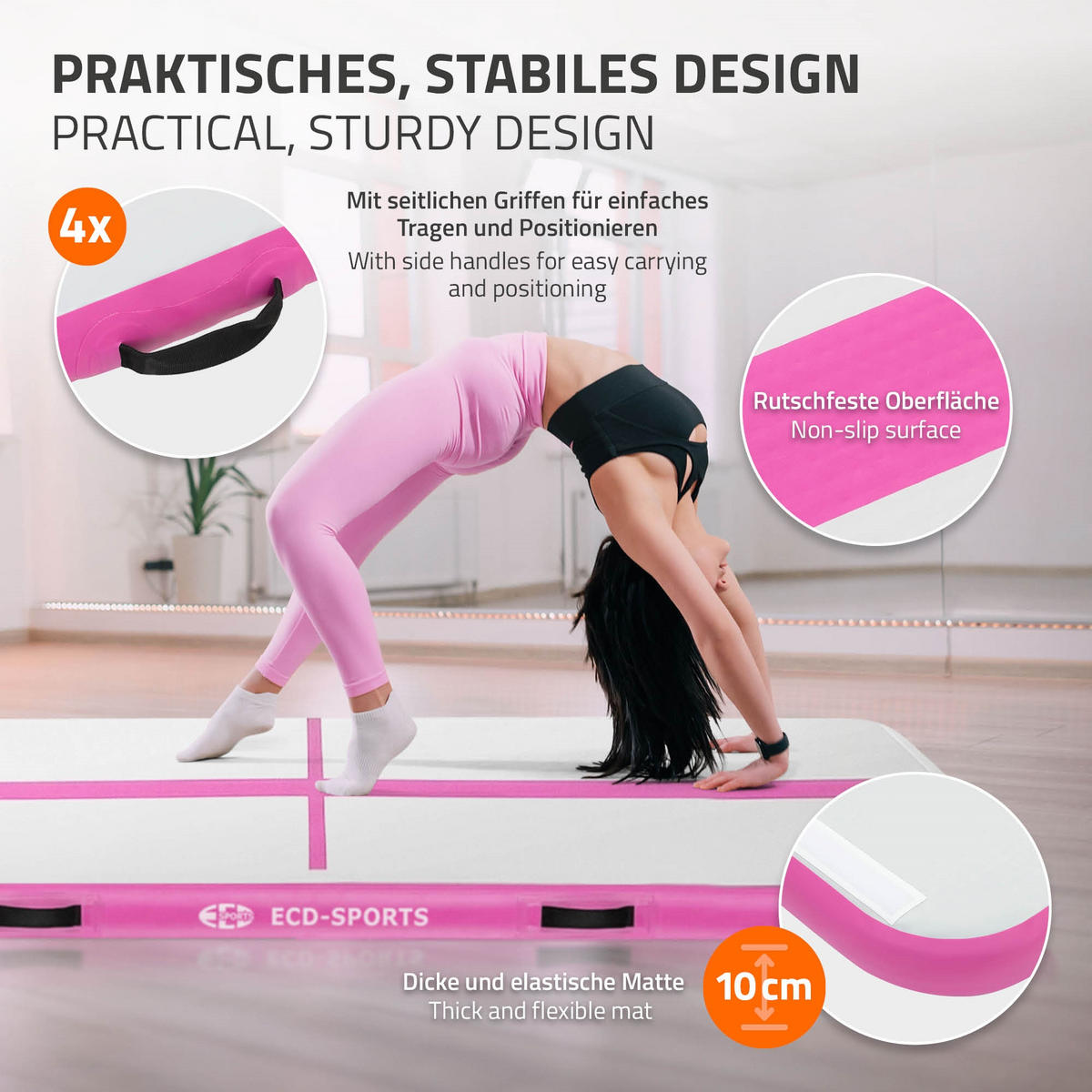 NAFUKOVACÍ gymnastická podložka Airtrack 300x100x10 cm růžová - růžová, plast (100/300cm) - ECD-Germany