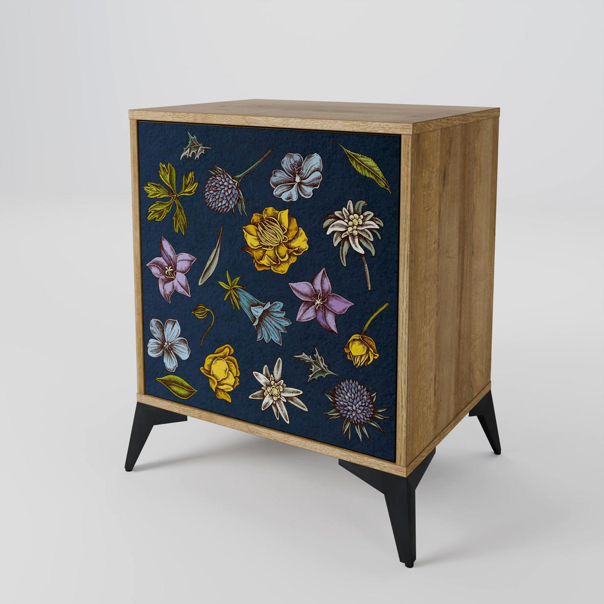 SIDEBOARD FLOWERS ON NAVY BLUE, Eichefarben, 57,5x42x77,5 cm, Schräge Buchenholzfüße - Eichefarben/Buchefarben, Holzwerkstoff/Buchenholz (57.5/77.5/42cm) - SpaceRebels