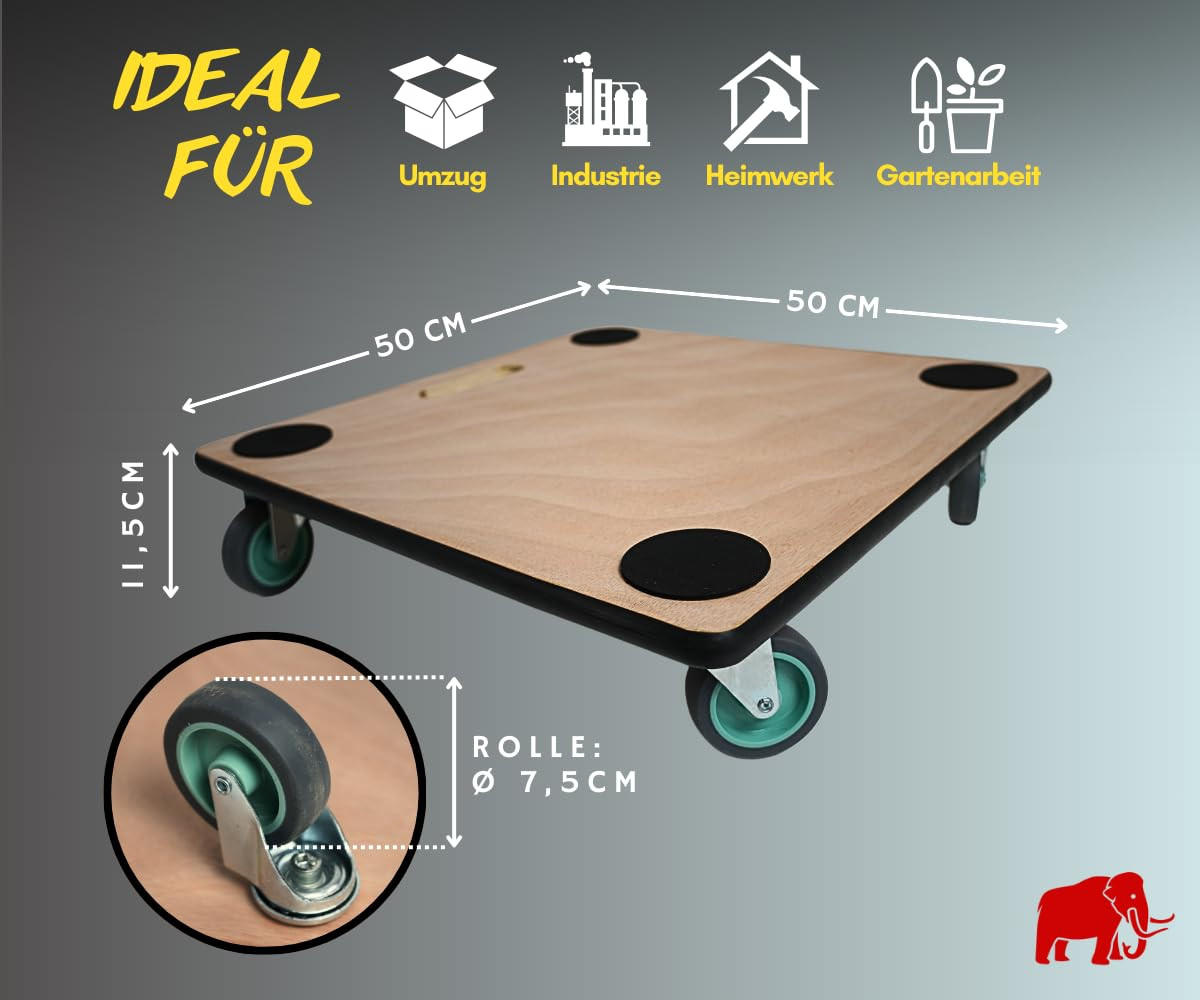 TRANSPORTROLLER mit 4 Rollen 11,5x50x50 cm Traglast 150kg Sperrholzplatte Braun 2 Stück - Braun, Holzwerkstoff (50/50/11.5cm) - PROREGAL
