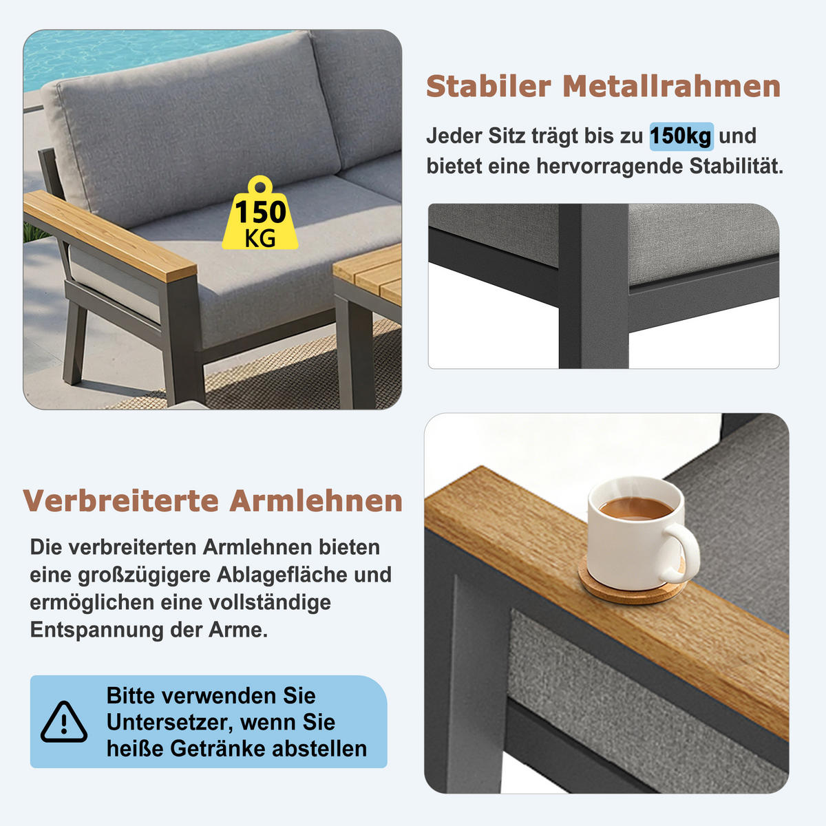 GARTENSET L-Form 8 Personen Grau Mit Holztisch & Sessel - Grau, Metall - FLIEKS