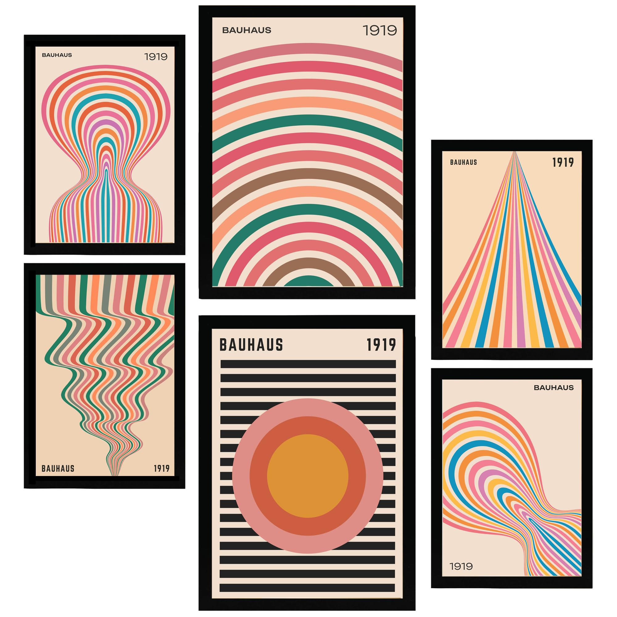 POSTER Set Mit 6 Geometrische Bauhaus Pastellfarben A3 & A4 Schwarzer Rahmen - Schwarz, Papier (29/3cm) - Nacnic