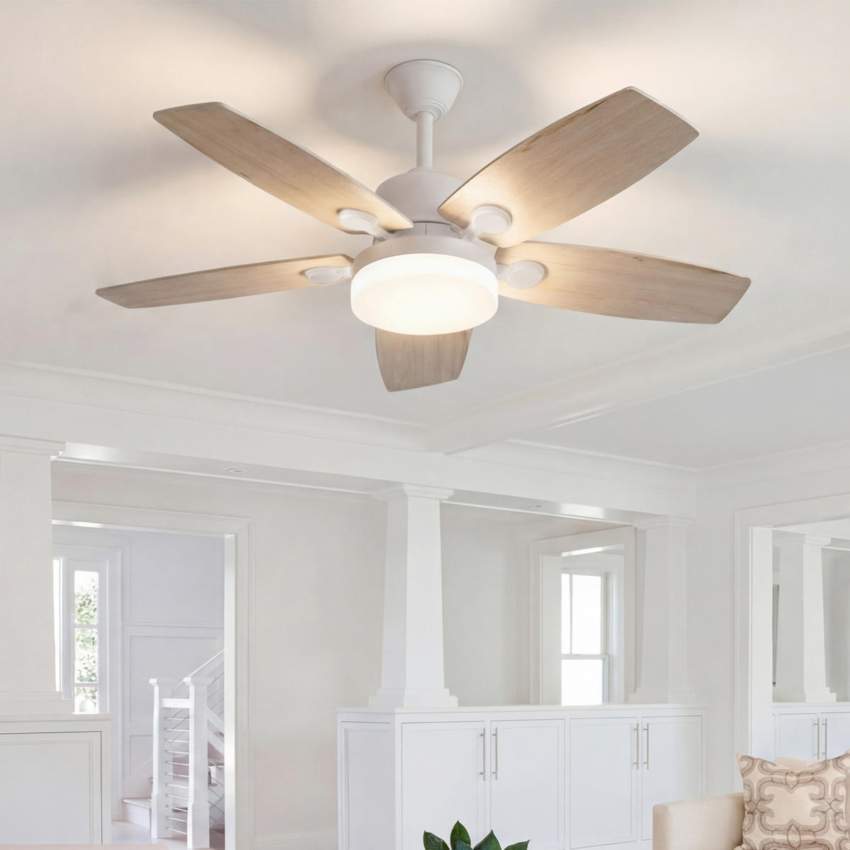DECKENVENTILATOR mit LED-Licht, 106,6 cm, 5 Holzflügel, 6 Stufen & Timer - Naturfarben, Metall (106.6/106.6/39cm) - EuroLiving