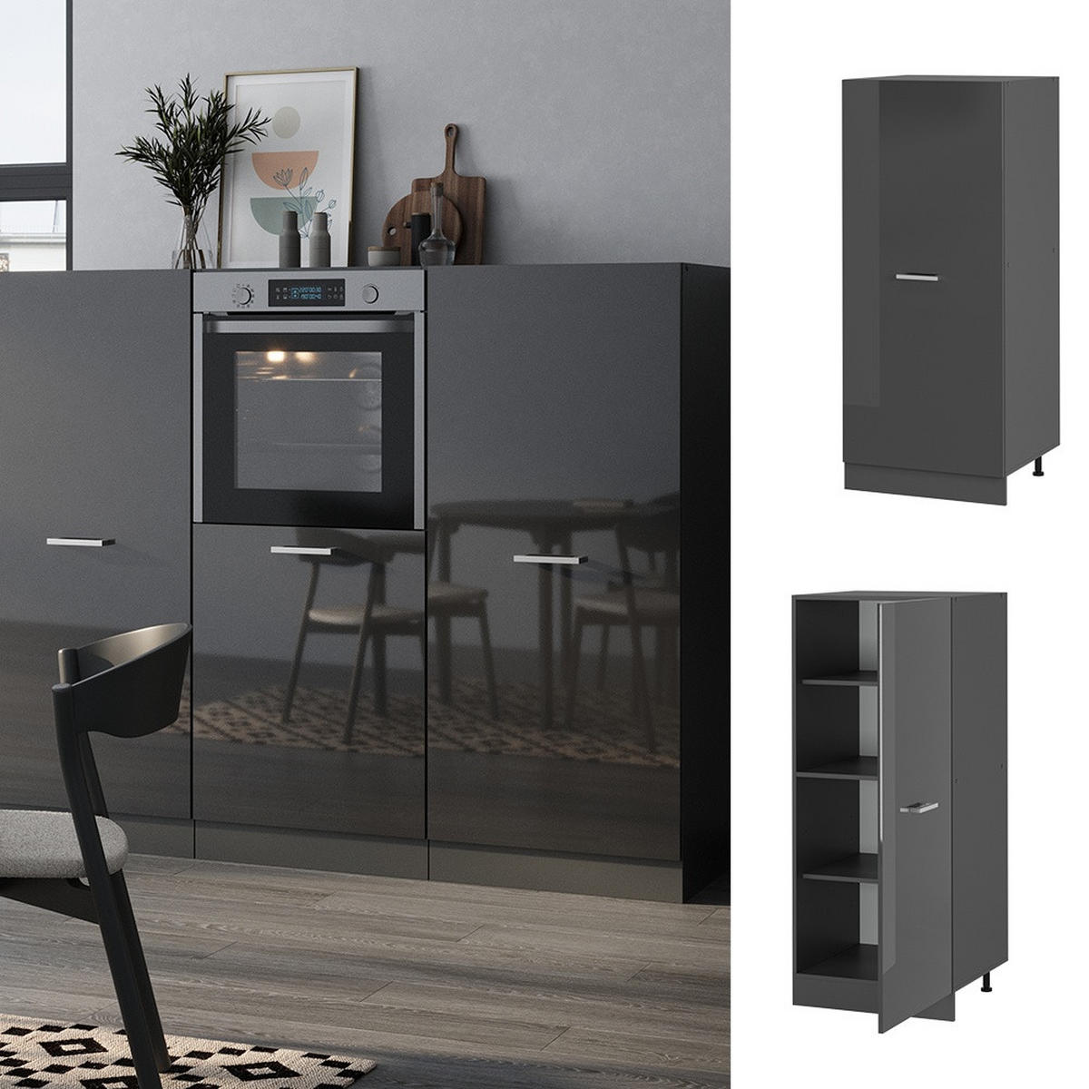 VORRATSSCHRANK R-Line Anthrazit Hochglanz 60 cm - Schwarz Hochglanz/Anthrazit, Holzwerkstoff (60/143/57cm) - Vicco