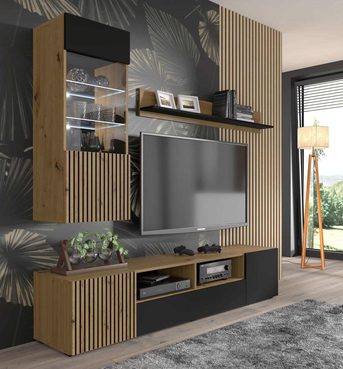 TV LOWBOARD Artisan Eiche, Schwarz 200/42/42 - Schwarz, Holzwerkstoff (200/42/42cm) - RAUMHIRSCH FURNITURE