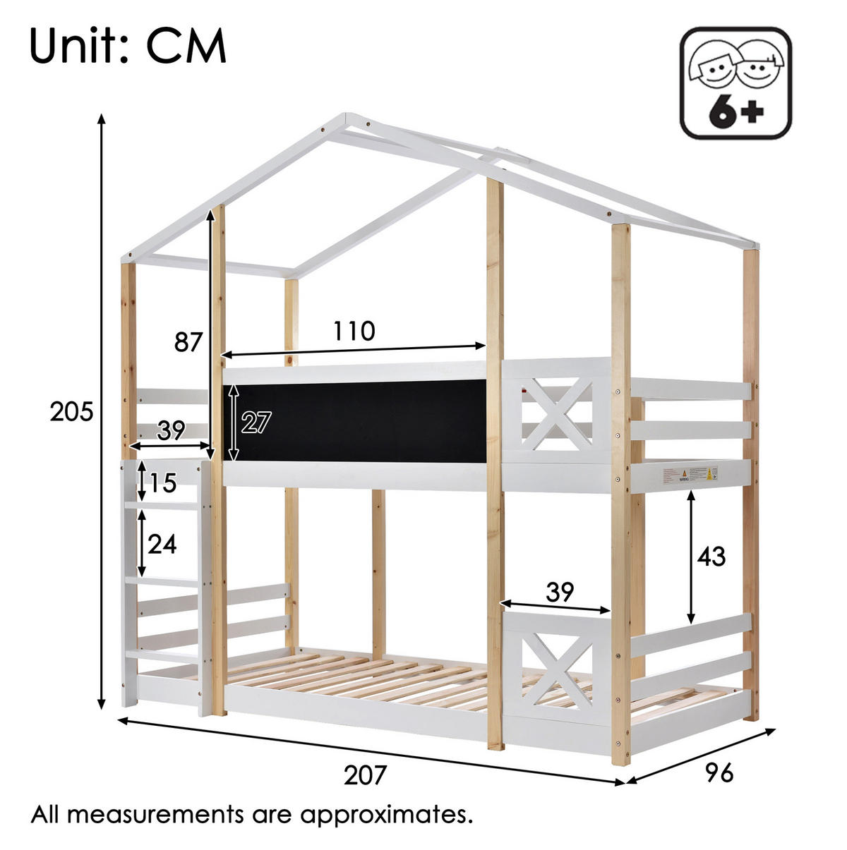 HOCHBETT 90/200 cm aus Massivholz mit Tafel, Leiter und umlaufendem Fallschutz, Weiß - Weiß, Holz - Redom