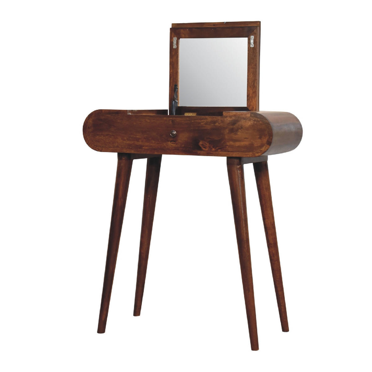 SCHMINKTISCH mini rund klappbar im Kastanienholz-Finish mit 1 Schublade. - Dunkelbraun/Messingfarben, Mangoholz/Holz (70/79/35cm) - Artisan Furniture
