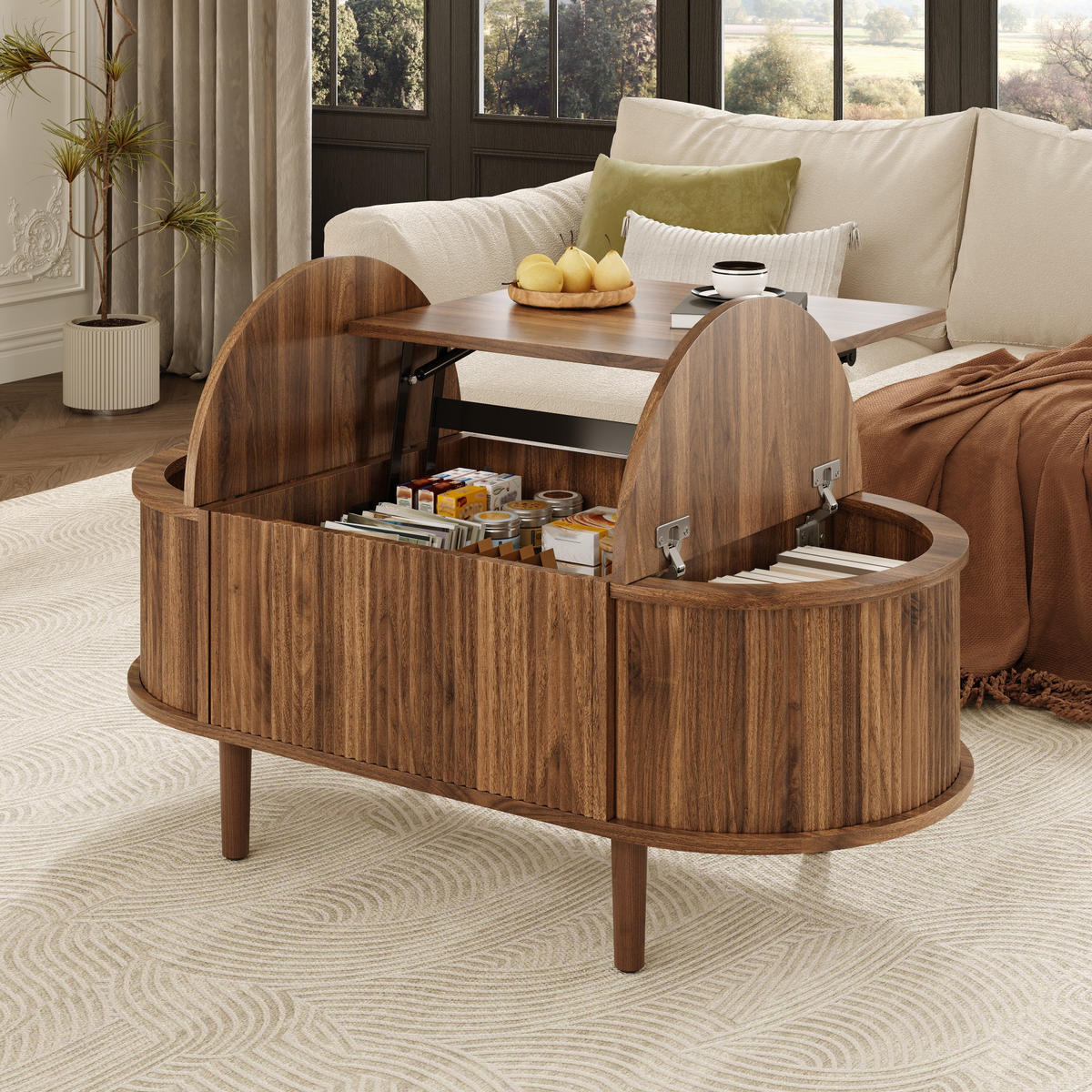 COUCHTISCH oval höhenverstellbar Stauraum Holz - Nussbaumfarben, Holz (48/100/53.5cm) - LEBENLANG