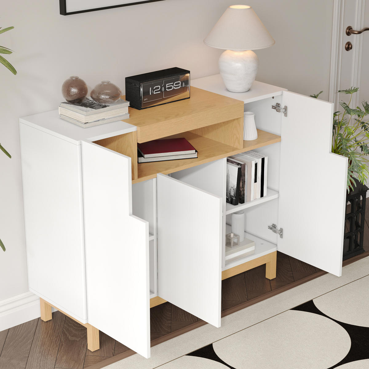 KOMMODE aus Spanplatte 120,5x42x96cm in Weiß mit 3 Türen & offenem Fach - Weiß, Holzwerkstoff (120/96/42cm) - Modfu