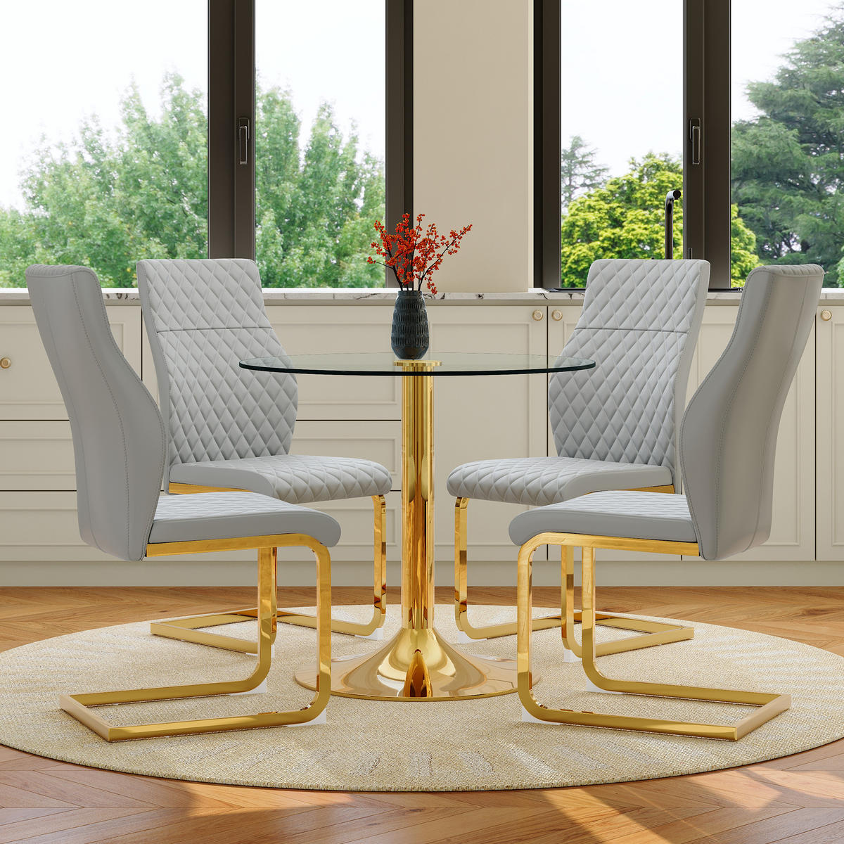 ESSGRUPPE DE-39470 5-teilig, Glastisch und 4 Stühlen mit Rautenmuster Hellgrau - Hellgrau, Metall (85/75/85cm) - ComfortXL