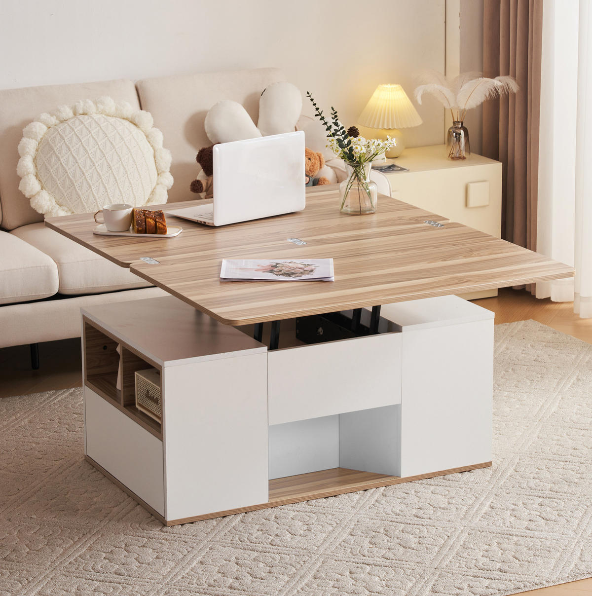 COUCHTISCH 100/51/47 cm höhenverstellbar mit Stauraum in Weiß und Naturholz - Weiß, Holzwerkstoff (100/51/47cm) - Flora Grace