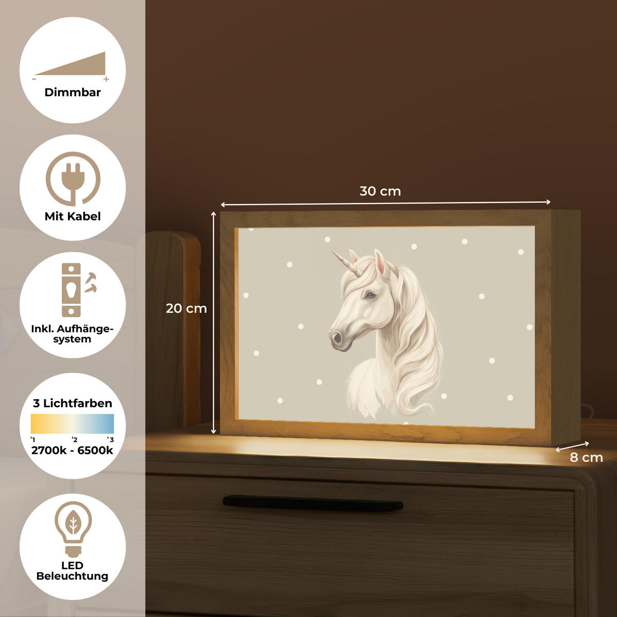 NACHTTISCHLAMPE Einhorn - Weiß - Punkte 30x20 cm - Taupe, Holzwerkstoff (8/30/20cm)