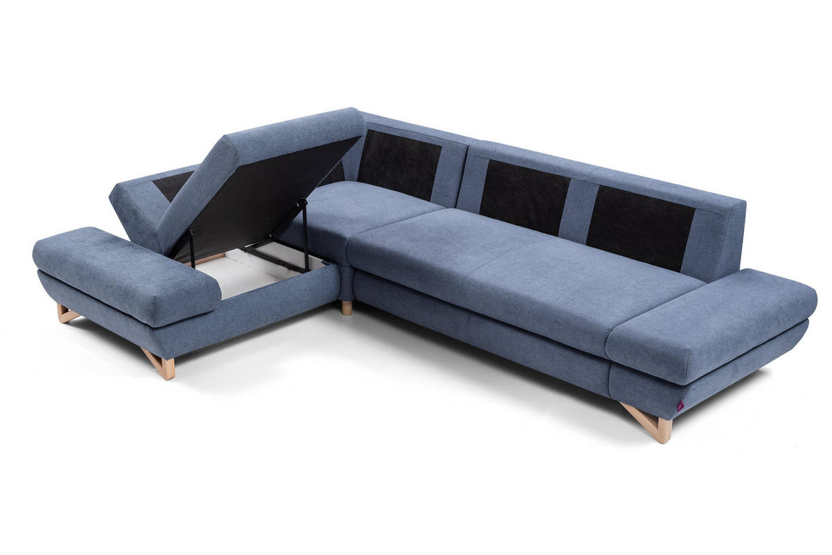ECKSOFA CASA II L-S Blau Plüsch-Stoff mit Schlaffunktion - Blau, Holz (272/199cm) - MASSENO