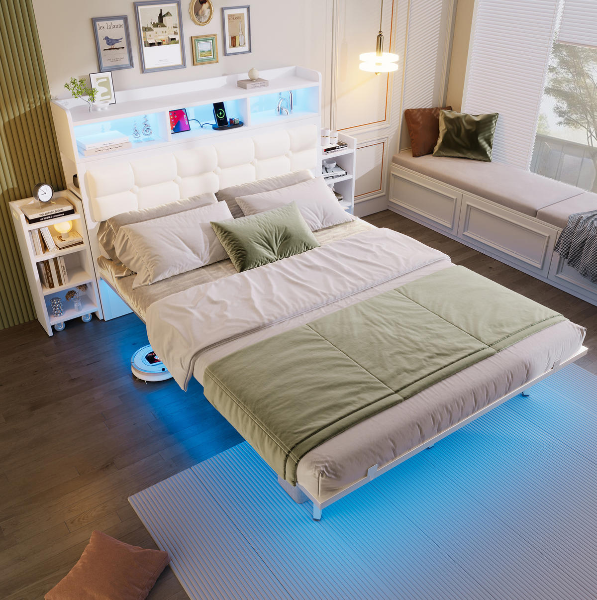 POSTEĽ 140/190 cm, kov/PU, biela, s LED osvetlením, nabíjacou stanicou a nočnými stolíkmi - biela, kov (140/190cm) - BEAOK