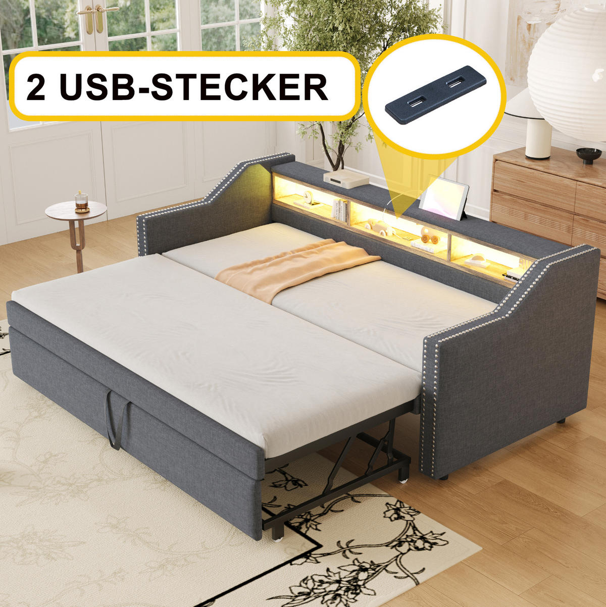 MULTIFUNKTIONSBETT 90/190 cm und 180/190 cm Dunkelgrau mit Staufach und LED-Beleuchtung Mit Matratze - Dunkelgrau, Textil (90/190cm) - OKWISH
