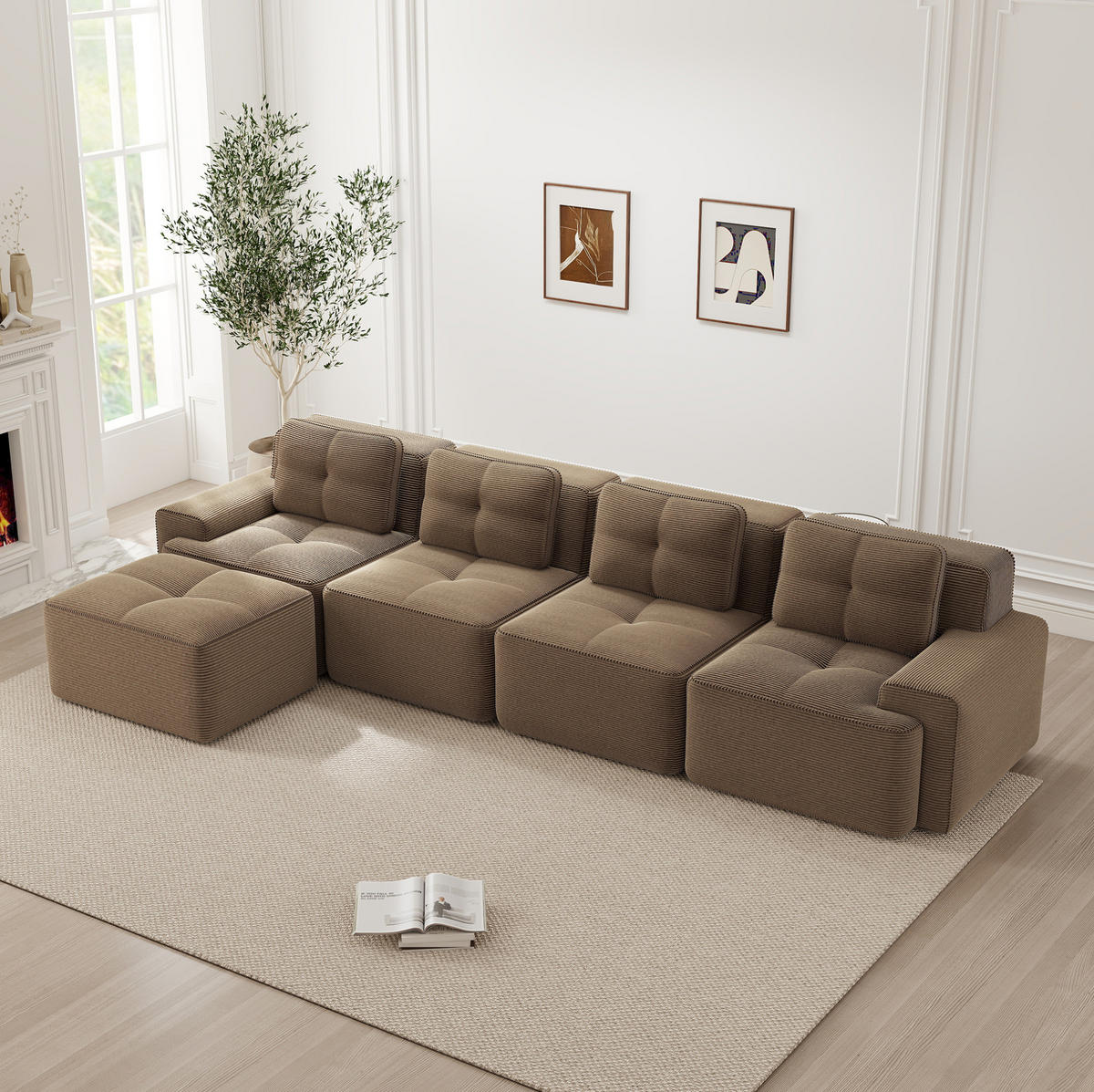 MODULÁRNÍ bezrámová pohovka z manšestru 382x177x69 cm hnědá s hlubokým sedem, protiskluzovou základnou a bez montáže - hnědá, textil (177/382cm) - Modfu