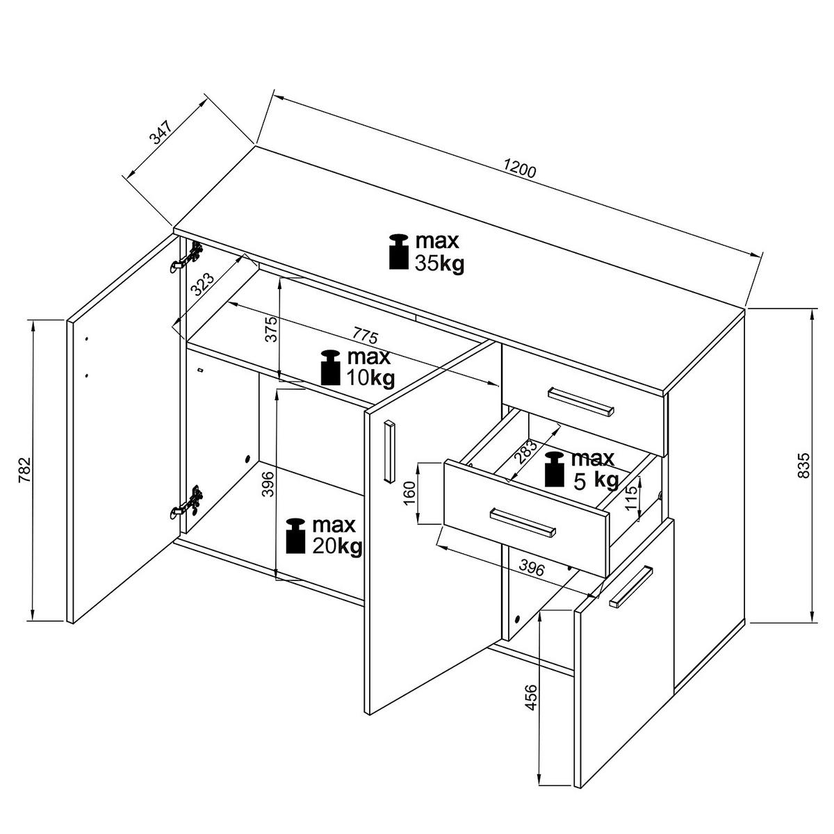 KOMMODE - 120 cm - Schwarz/Weiß, Holzwerkstoff/Kunststoff (120/84/35cm) - home24