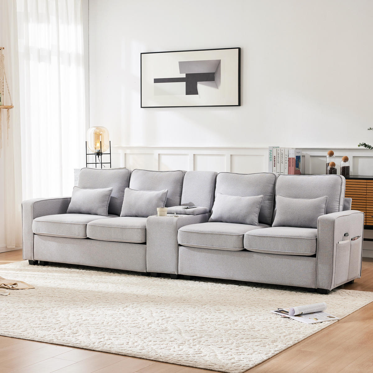 4-SITZER Sofa Leinenstoff mit Konsole 2 Getränkehaltern und 2 USB-Anschluss 290/83/88 cm Hellgrau - Hellgrau, Textil (88/290/83cm) - Redom