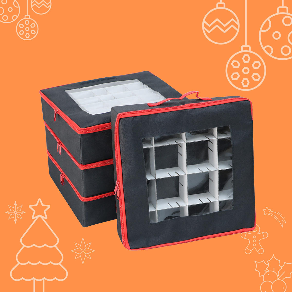 AUFBEWAHRUNGSBOX Schwarz 4er-Set für Weihnachtskugeln 9x33x33 cm - Schwarz, Wellpappe/Kunststoff (32.5/36/32.5cm) - Relaxdays