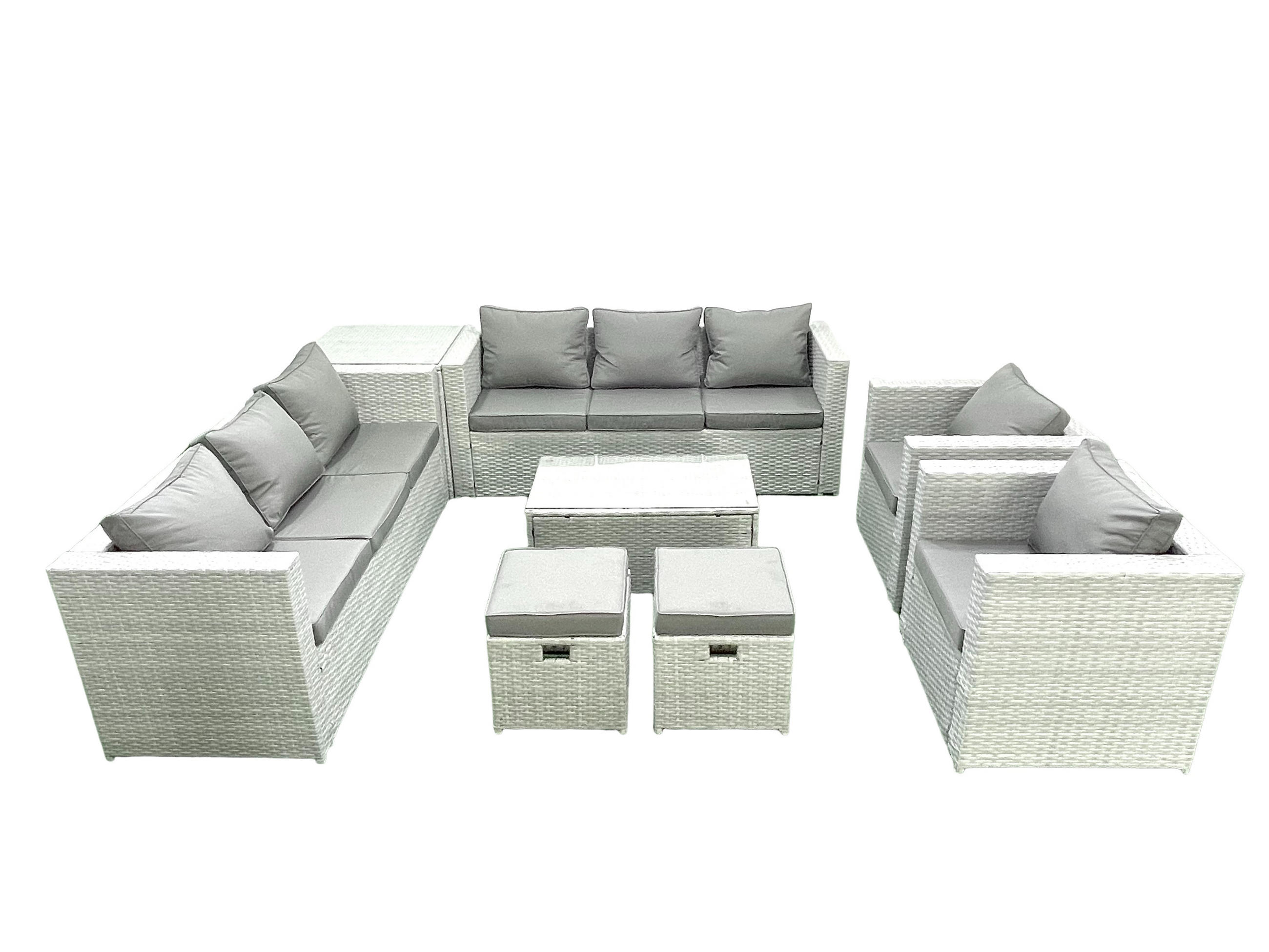 GARTENGARNITUR mit 3-SITZER SOFA,COUCHTISCH Polyrattan Hellgrau-Mix 10-Sitzer - Hellgrau/Grau, Glas/Kunststoff - Fimous
