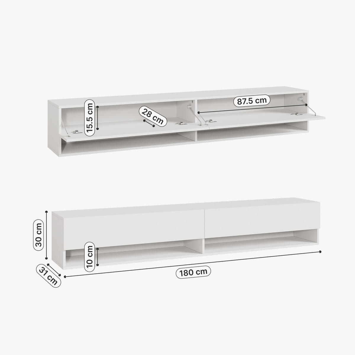 HÄNGELOWBOARD Halmstad - Weiß, Holzwerkstoff (180/30/31cm) - [en.casa]