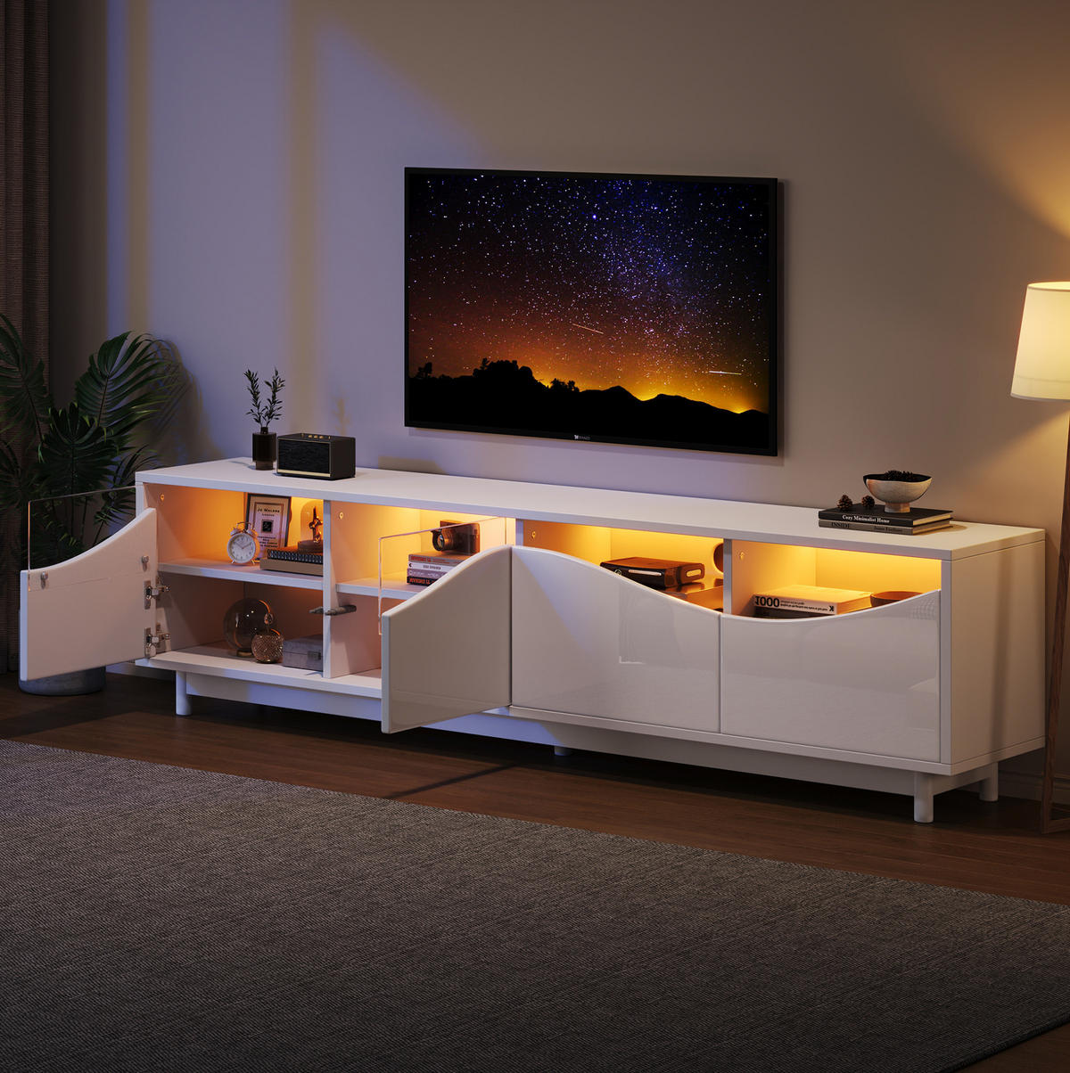 TV-LOWBOARD 175/38/51 cm mit Push-to-Open und LED-Beleuchtung - Weiß, Holzwerkstoff (175/51/38cm) - BEAOK