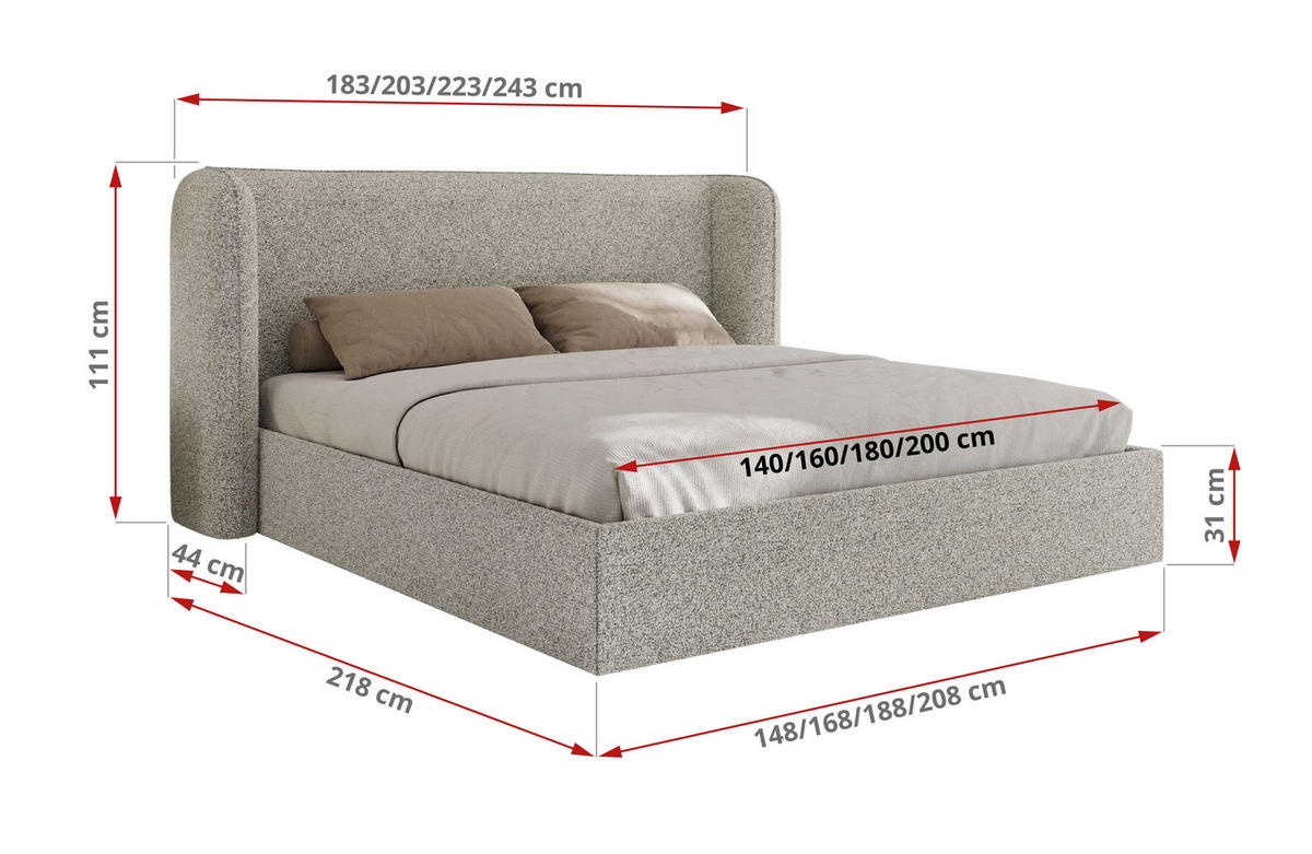 POLSTERBETT EMORA CLASSIC 180/200 - Hellgrau Strukture - Pocket-Matratze - Hellgrau, Textil (180/200cm) - MKS