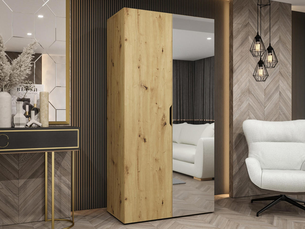 DREHTÜRENSCHRANK Malaga 100 mit Frontspiegel - Eiche Artisan, Holzwerkstoff (100/202/52cm) - MIRJAN24
