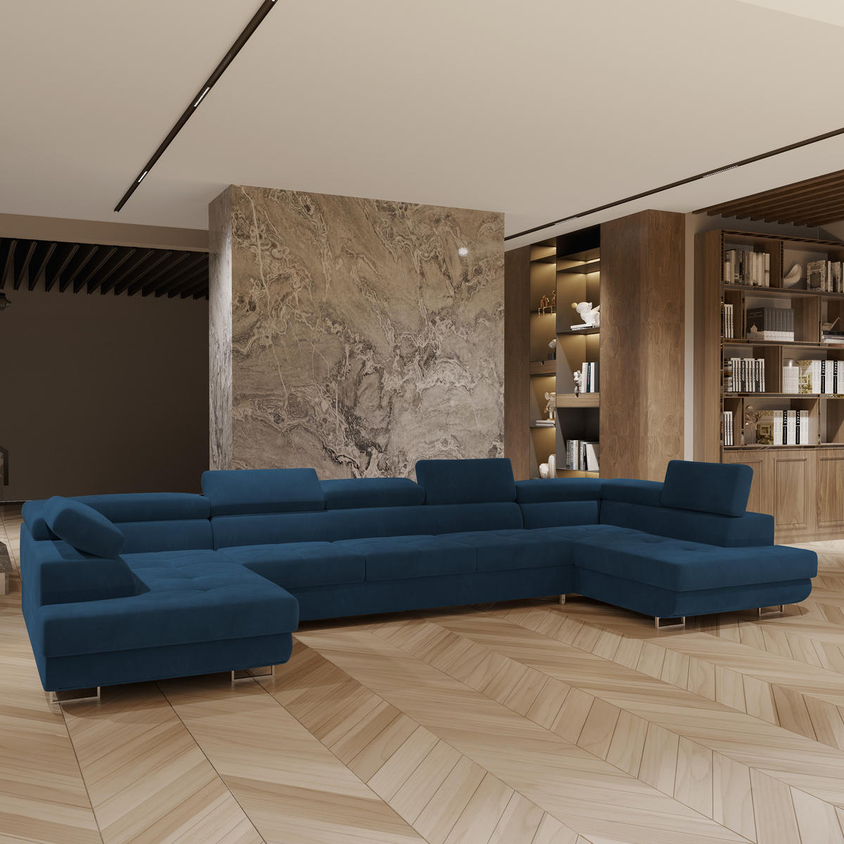 WOHNLANDSCHAFT ISOLANO Blau Velours-Stoff mit Schlaffunktion - Blau, Holz (408/90/202cm) - MASSENO