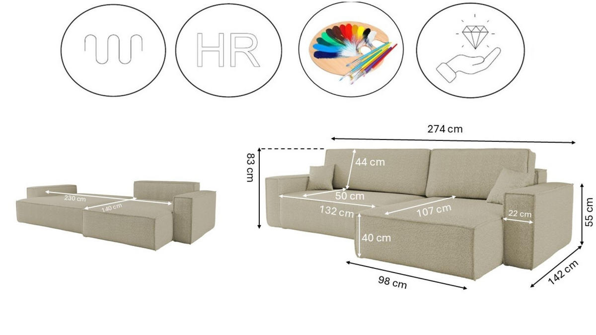 ECKSOFA Mit Schlaffunktion Und Bettkasten, Eckcouch BEST XL Stoff Quelle Beige Rechts - Beige/Schwarz, Holz/Kunststoff (142/142cm) - Kaiser Möbel
