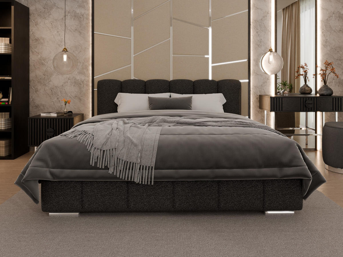 POLSTERBETT ZAIRA 180 x 200 cm mit Bettkasten und Lattenrost, 7-Zonen-Taschenfederkernmatratze CIRA (24 cm) – Graphit - Schwarz, Holz (160/200cm) - Panda Möbel