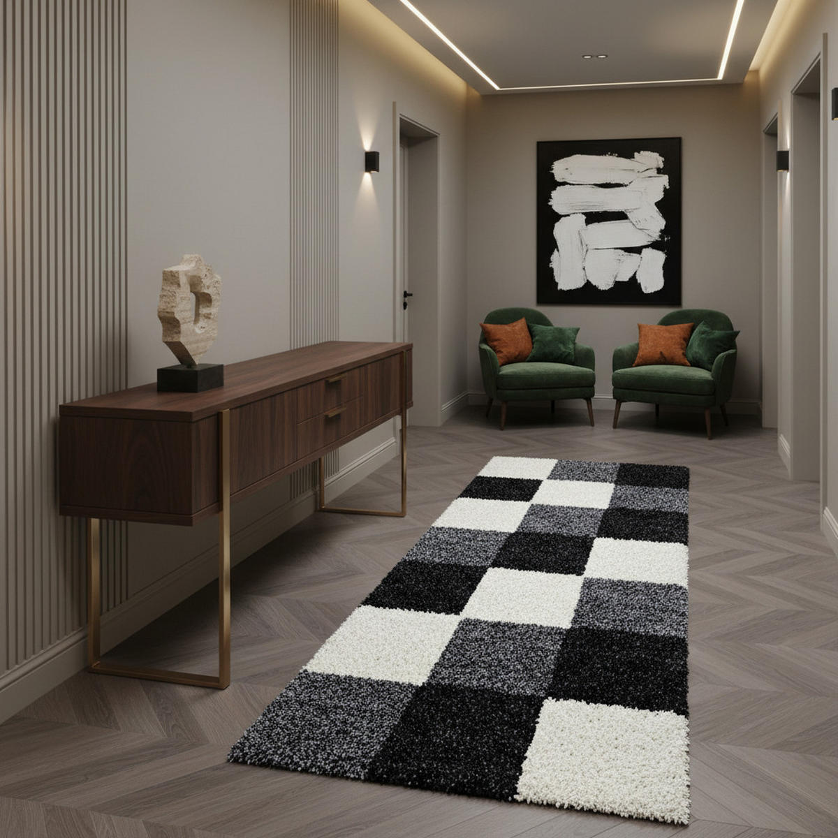 TEPPICH Hochflor Karo Polypropylen Wohnzimmer Shaggy Schwarz Läufer 80x250 - Schwarz, Textil (80/250cm) - KADIMA DESIGN