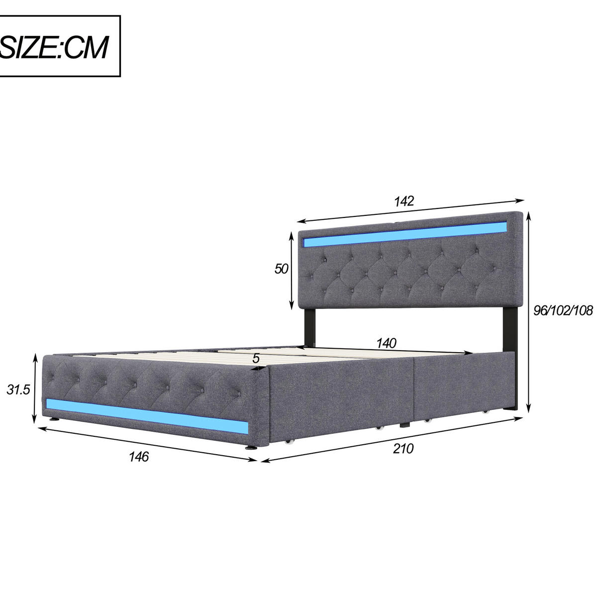 POLSTERBETT 140x200 cm mit LED und USB, Doppelbett mit Lattenrost und Kopfteil, 4 Schubladen, Leinenstoff, Grau - Grau, Textil/Metall (140/200cm) - GENKI LIVING