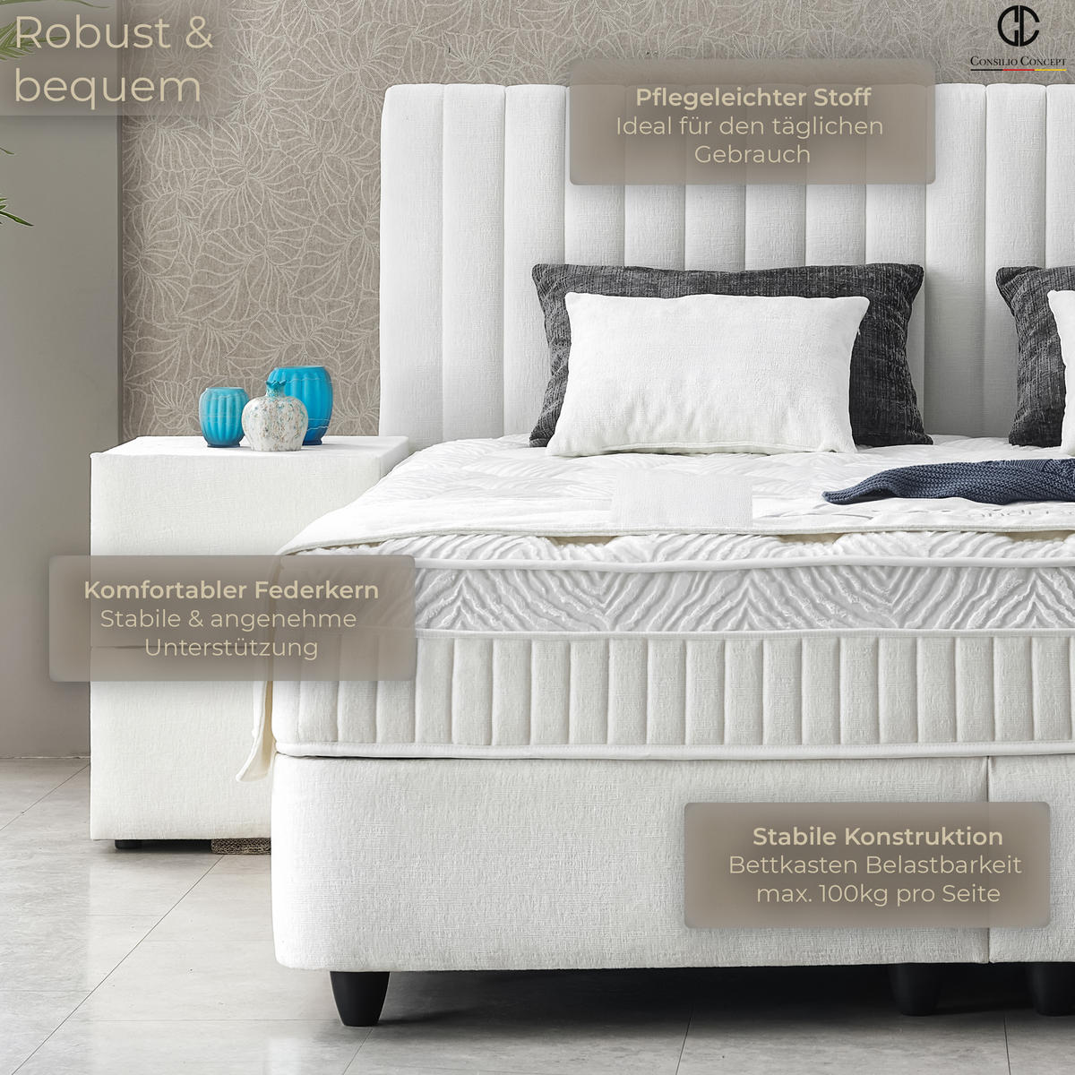 BOXSPRINGBETT MIT BETTKASTEN LYON 90/200 cm, Ivory, Bettkasten, Matratze, Topper integriert, H3 mittel - Creme/Schwarz, Holz/Kunststoff (90/200cm) - Consilio Concept