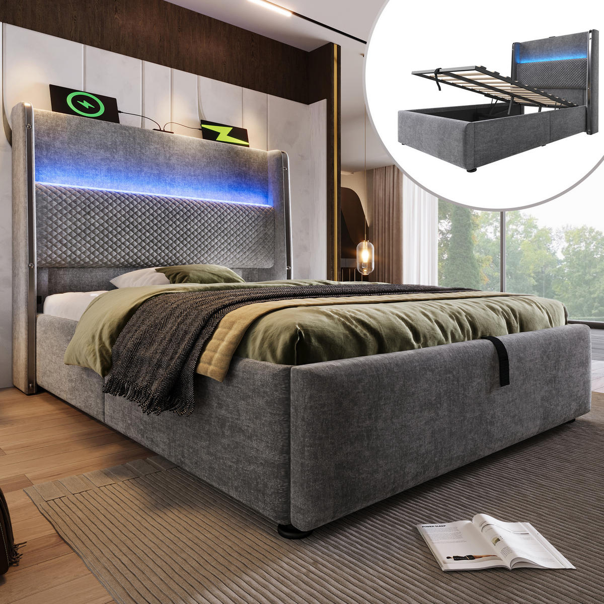 POLSTERBETT aus Leinen 90x200 cm in Grau mit LED & USB-Type-C-Ladestation - Grau, Textil (90/200cm) - Modfu