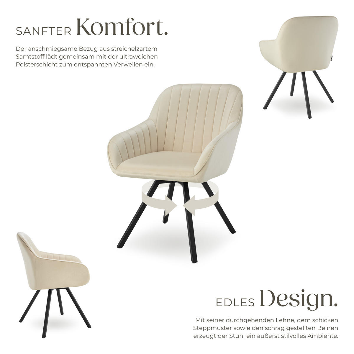 ARMLEHNSTUHL drehbarer 2er Set Snug 58 x 58 x 82 cm creme - Creme, Textil (58/82/58cm) - tectake