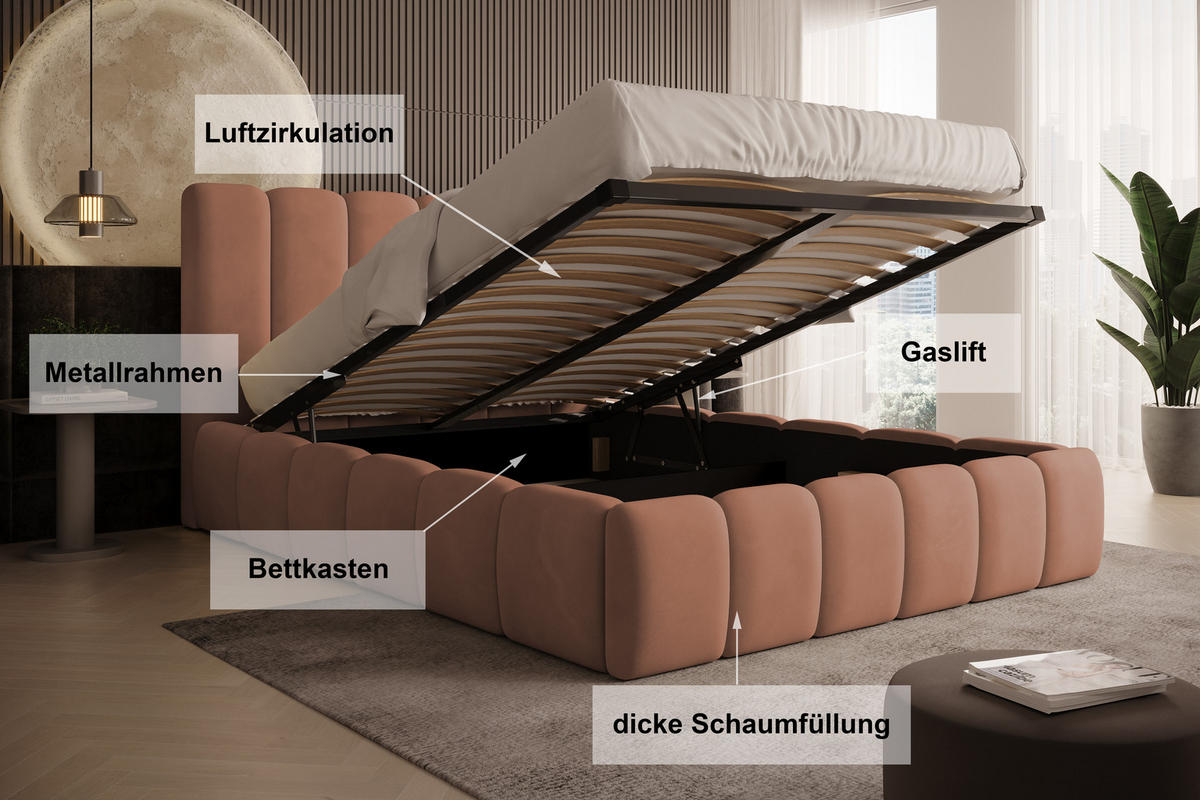 POLSTERBETT Vilo 140x200 mit Bettkasten und Stabilem Metallgestell - Rosa, Textil (140/200cm) - Storez24